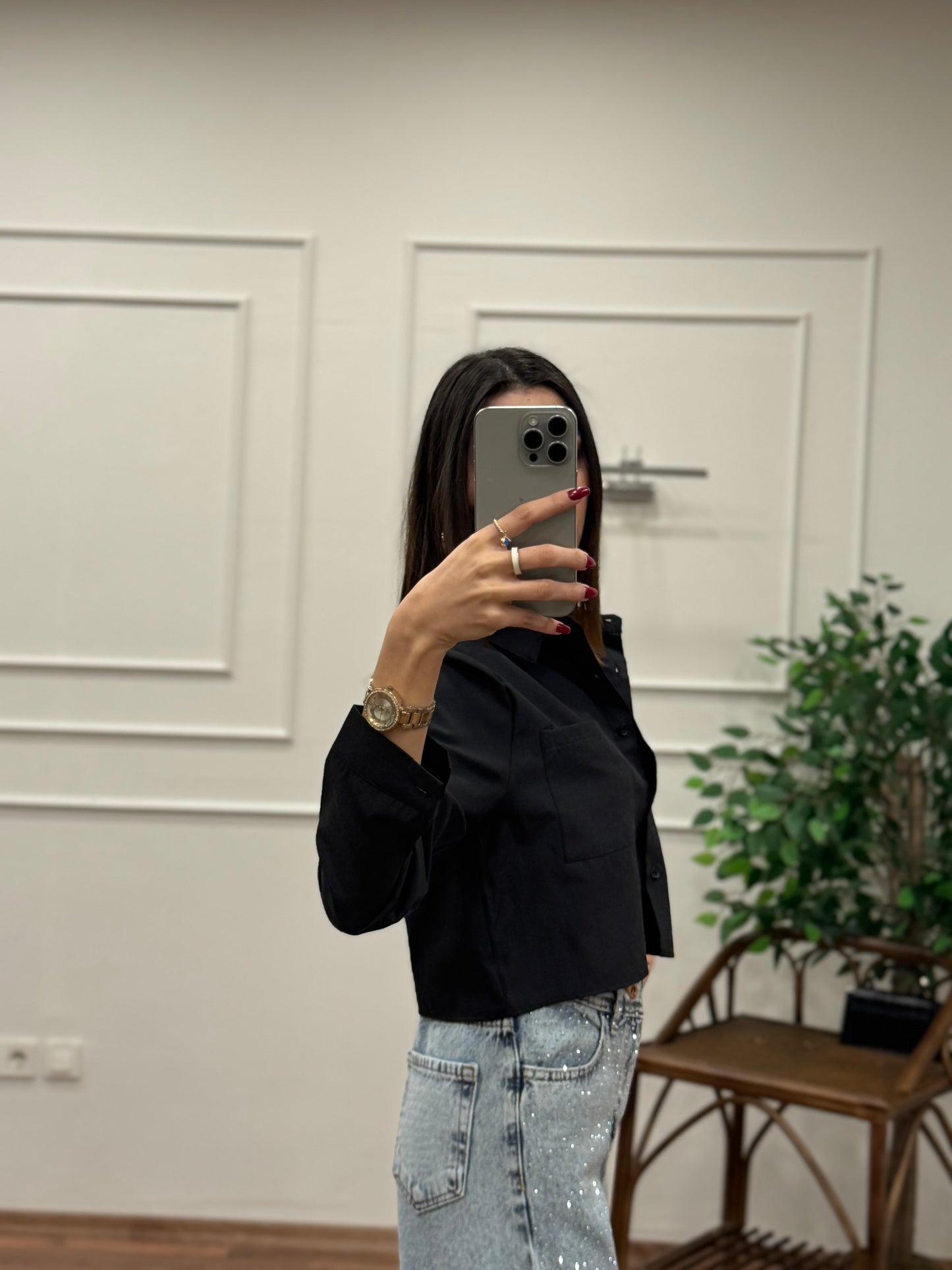 Jess Siyah Crop Gömlek