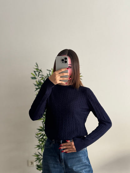 Örgü Detay Lacivert Bluz