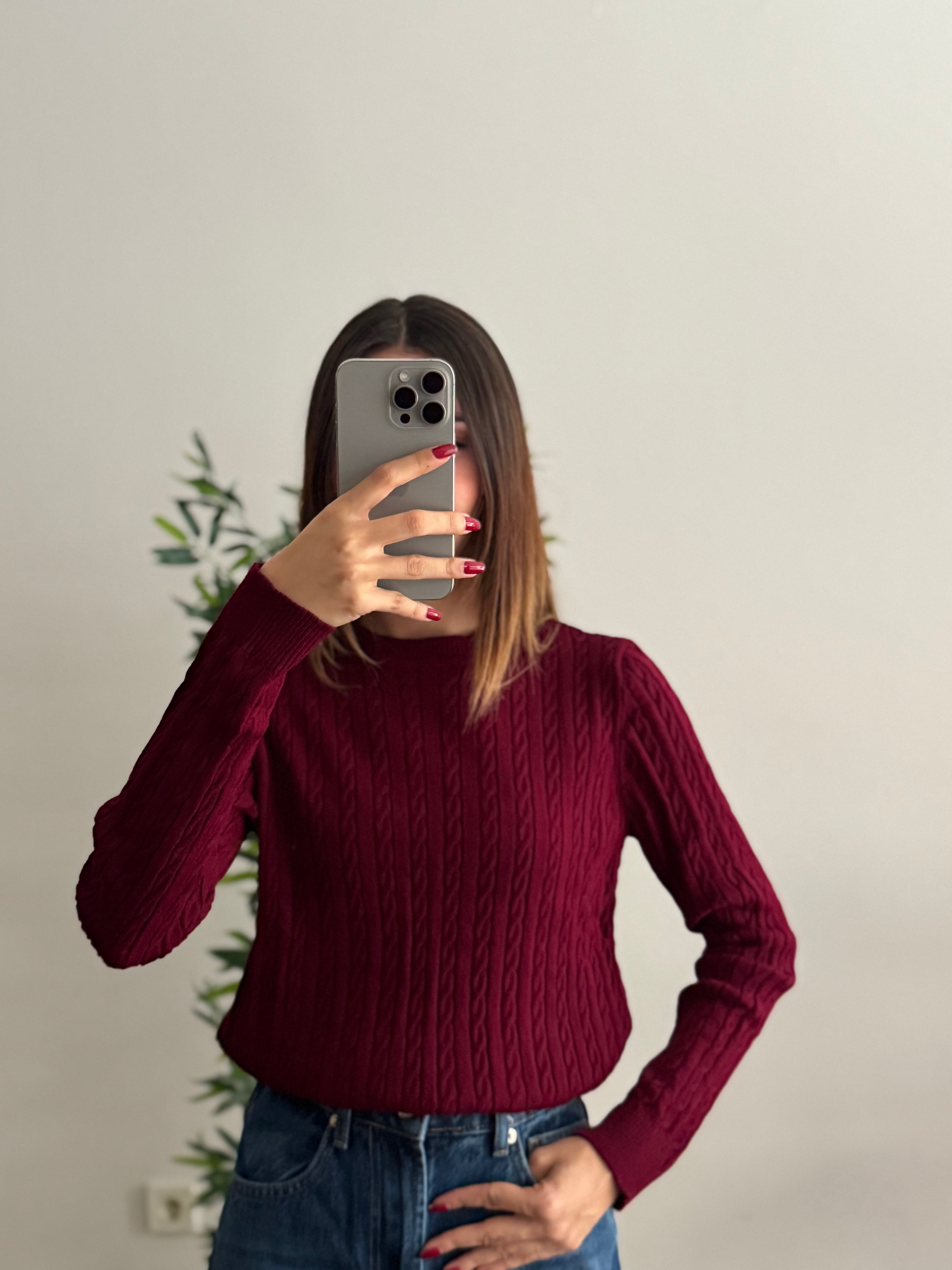 Örgü Detay Bordo Bluz