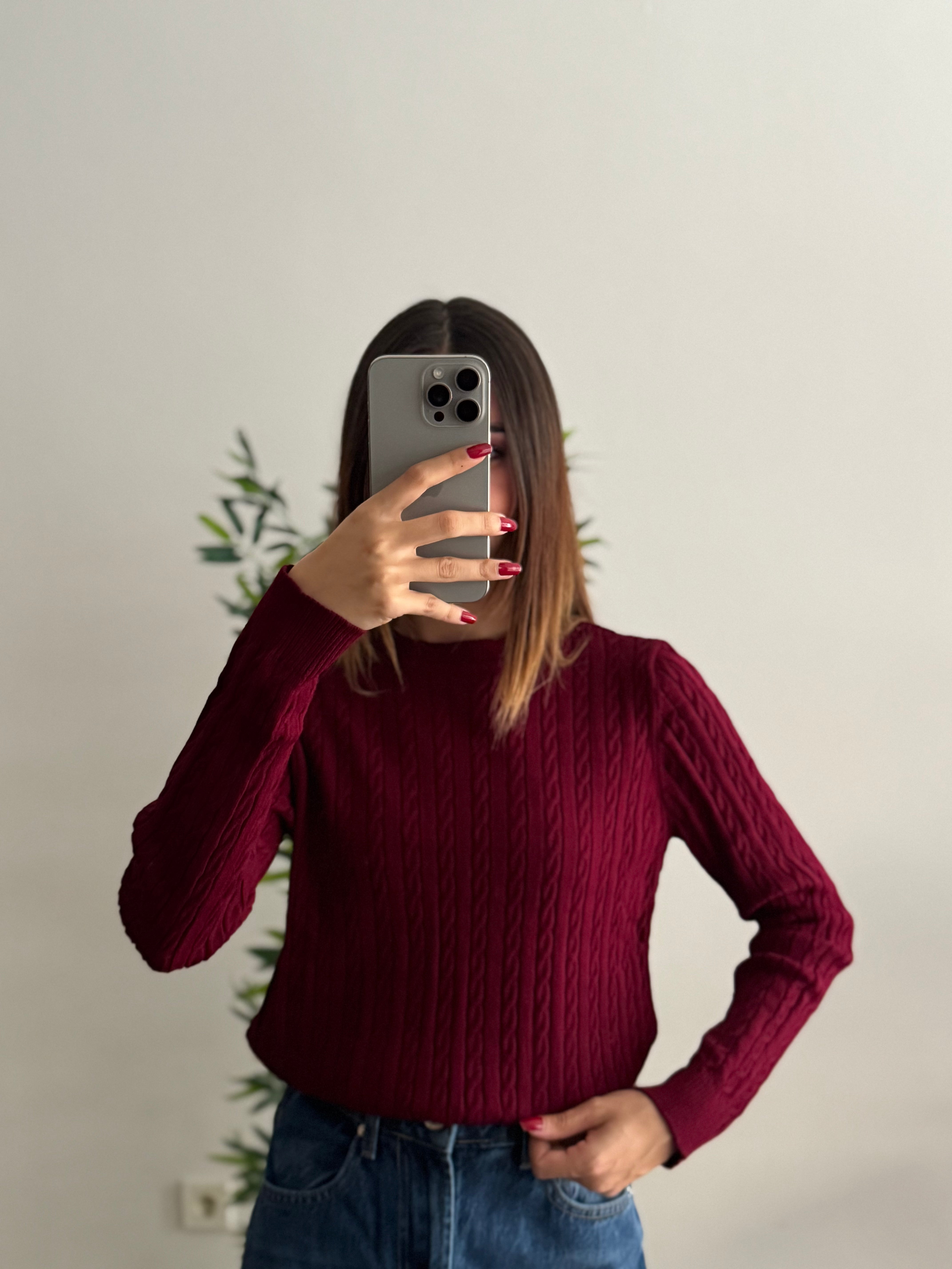 Örgü Detay Bordo Bluz