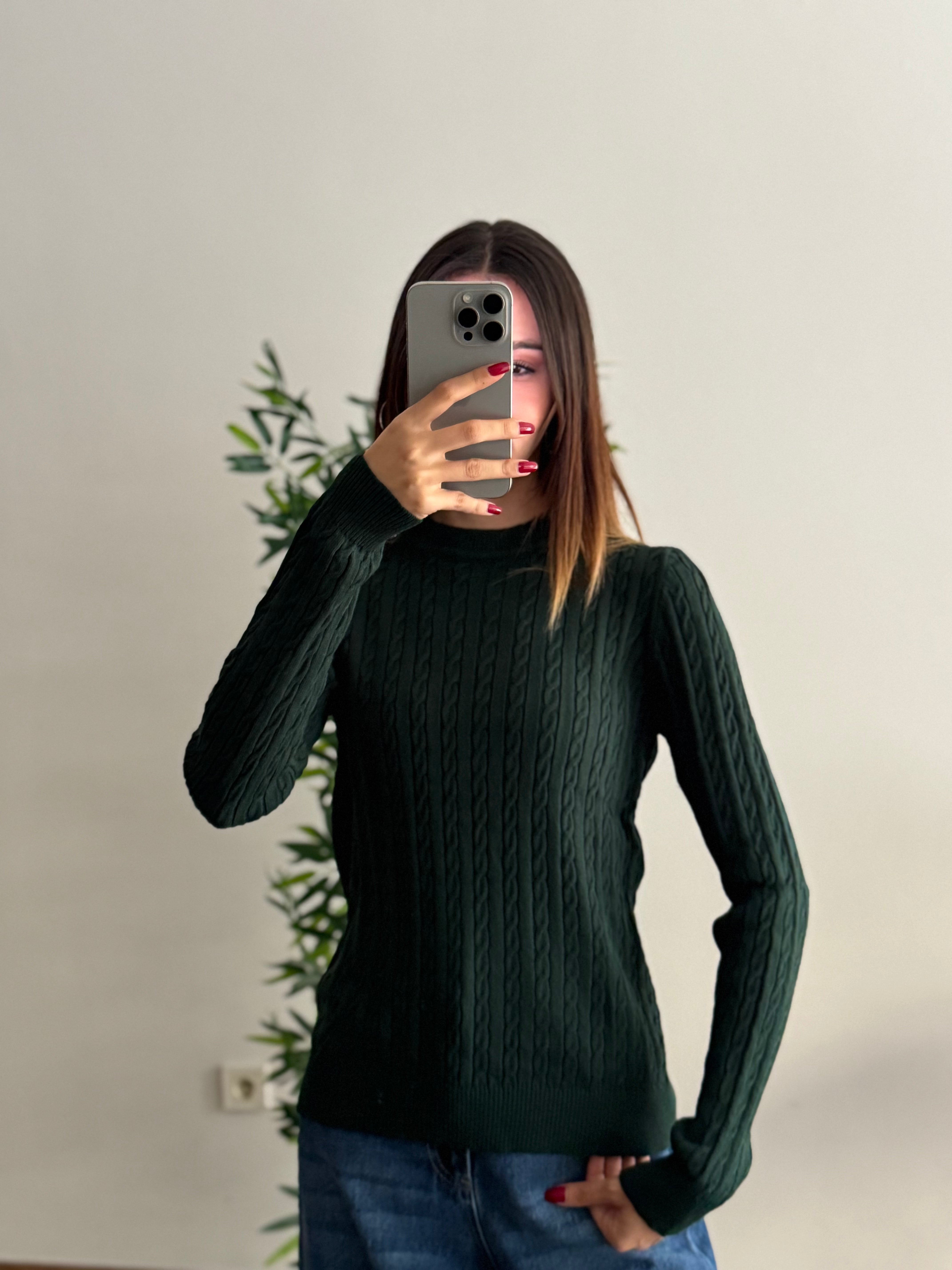 Örgü Detay Yeşil Bluz