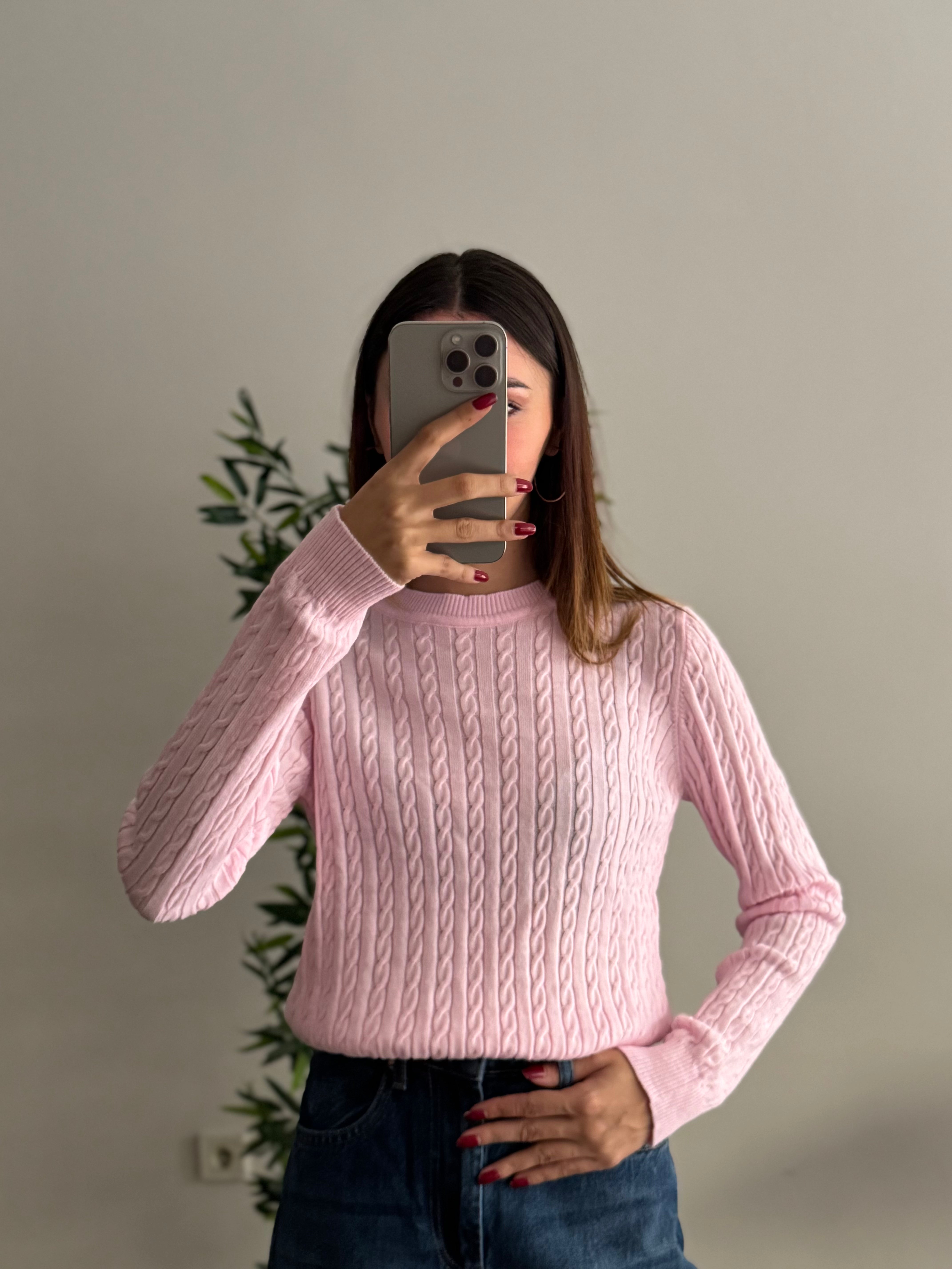 Örgü Detay Şeker Pembesi Bluz