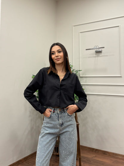 Jess Siyah Crop Gömlek