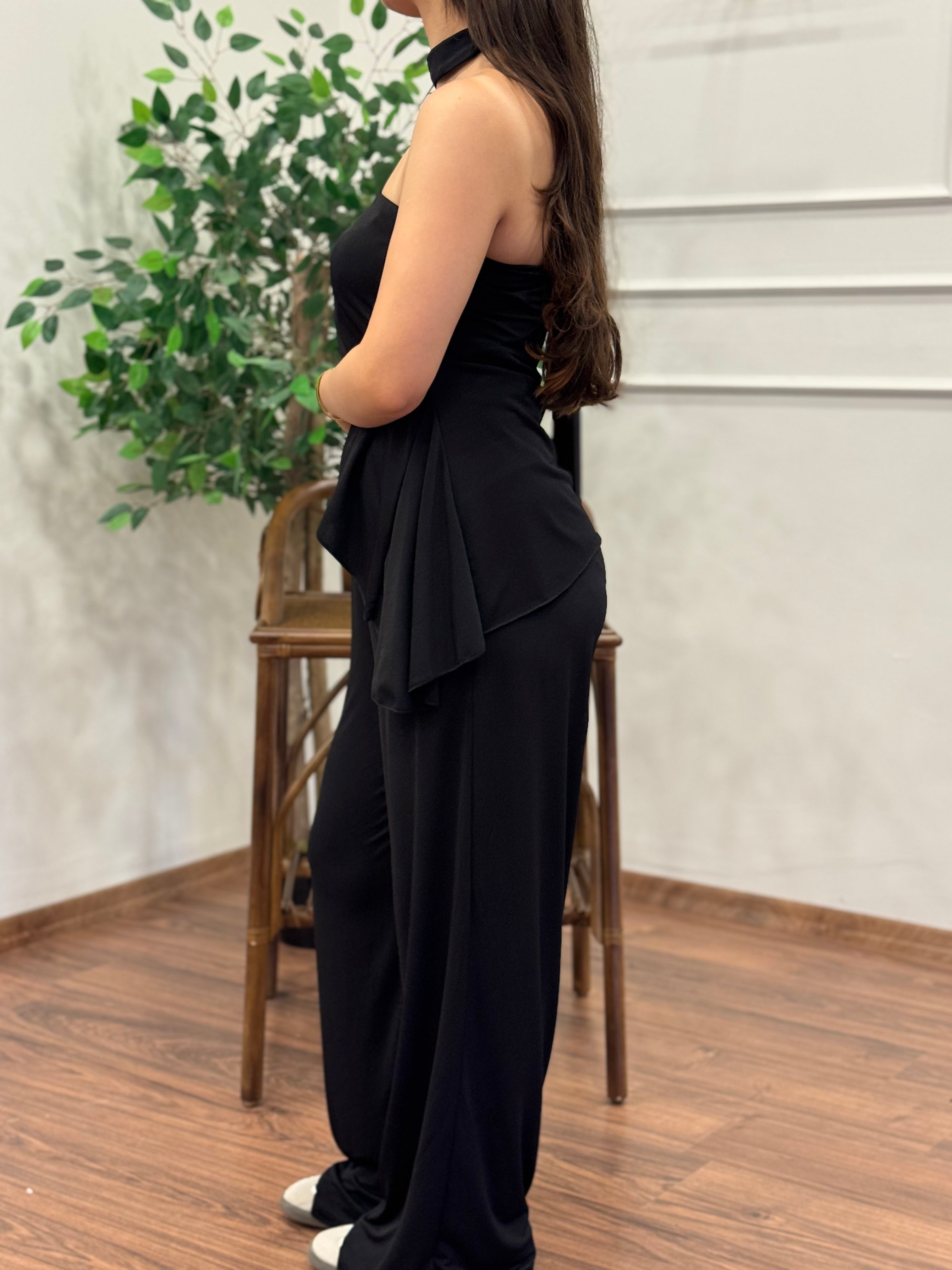 Asimetrik Kesim Bluz Pantolon Kuşaklı Siyah Takım