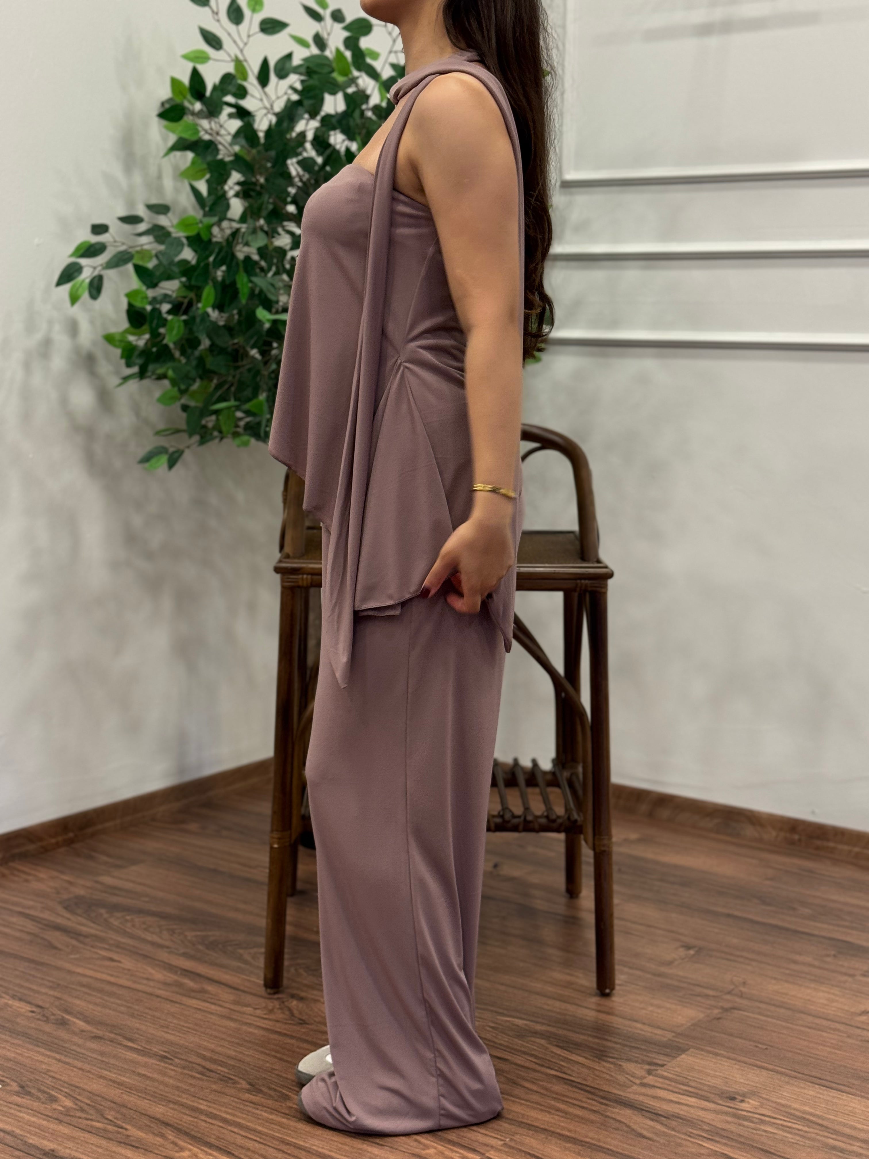 Asimetrik Kesim Bluz Pantolon Kuşaklı Gül Kurusu Takım