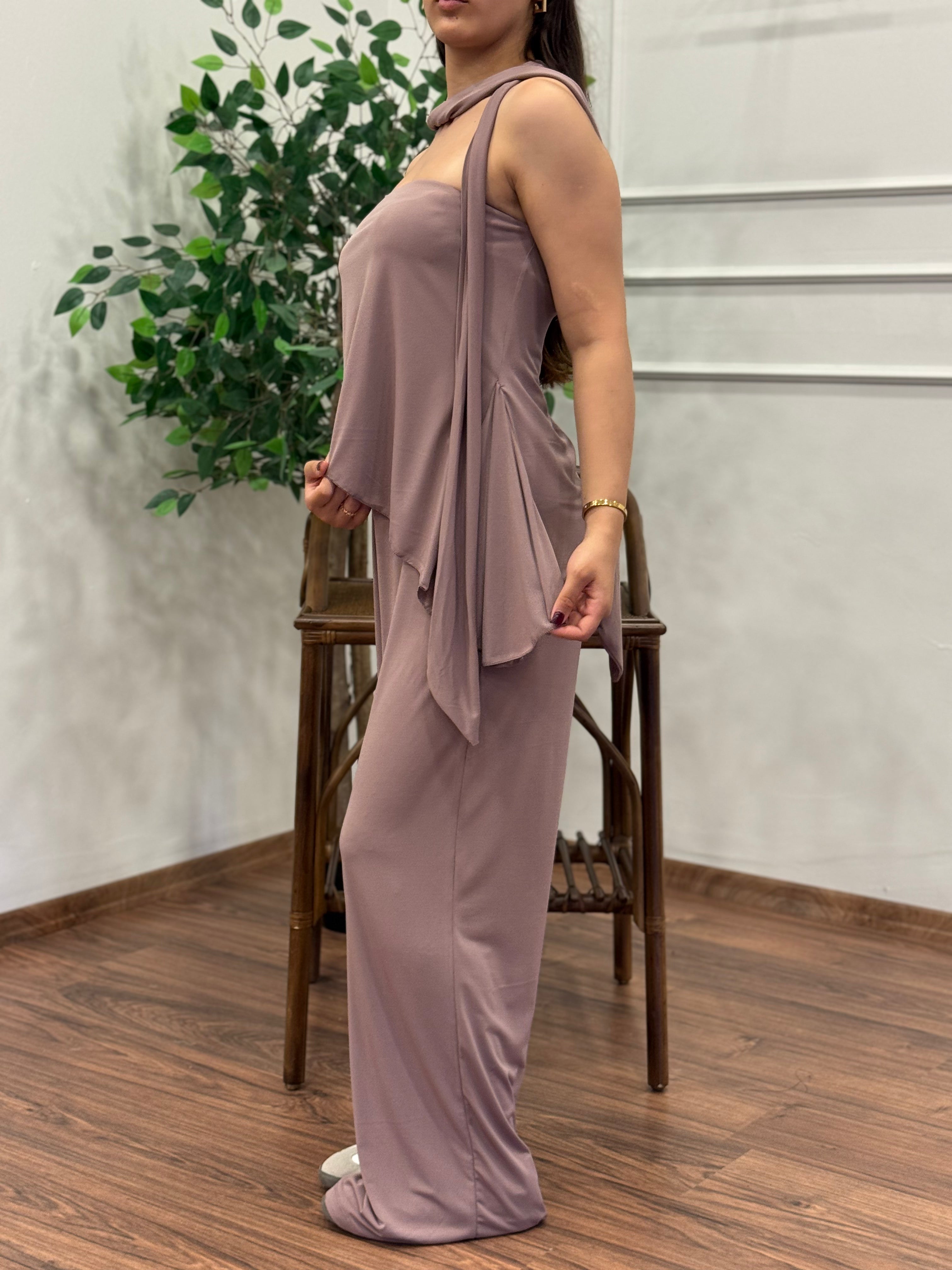 Asimetrik Kesim Bluz Pantolon Kuşaklı Gül Kurusu Takım