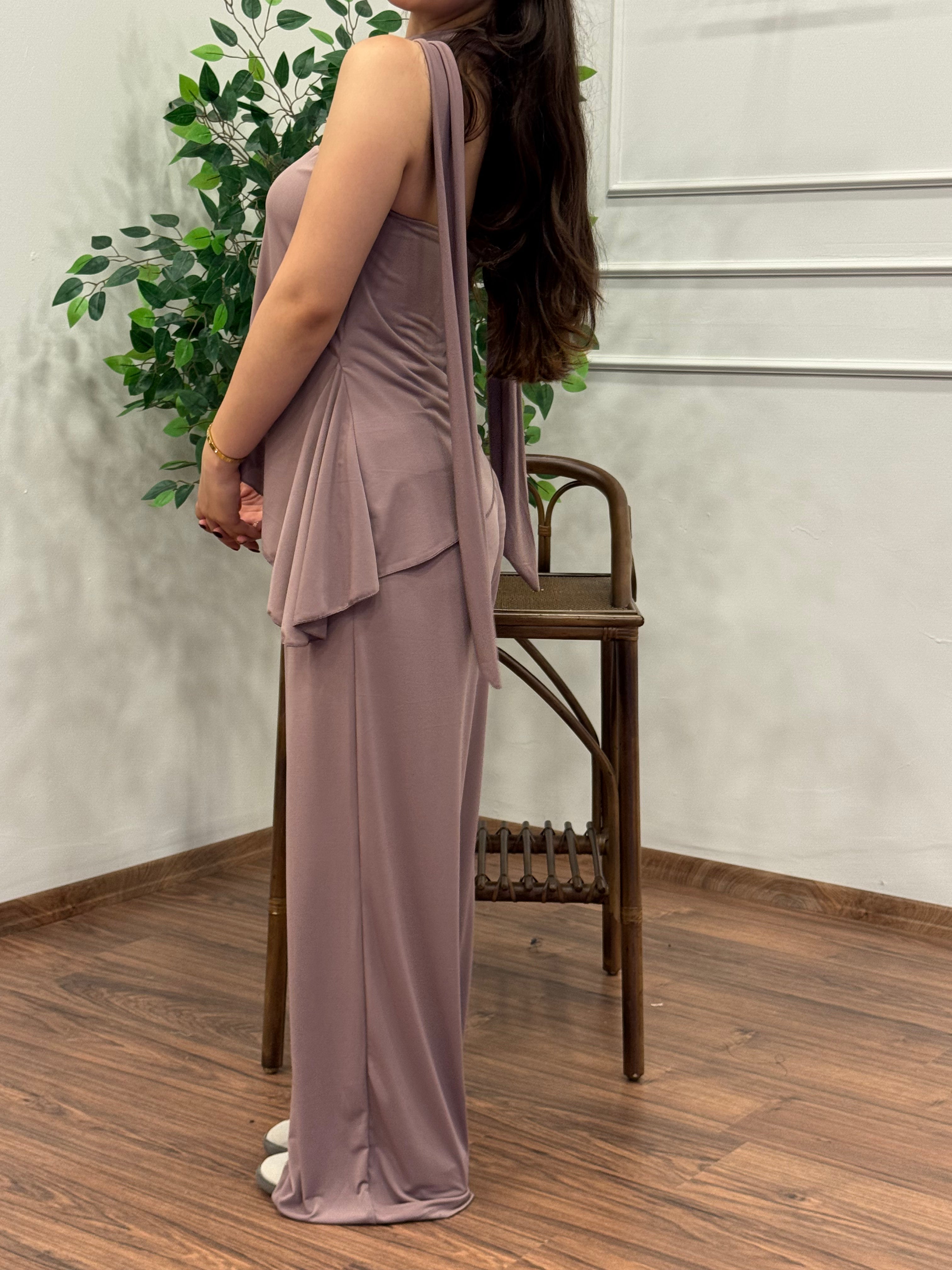 Asimetrik Kesim Bluz Pantolon Kuşaklı Gül Kurusu Takım