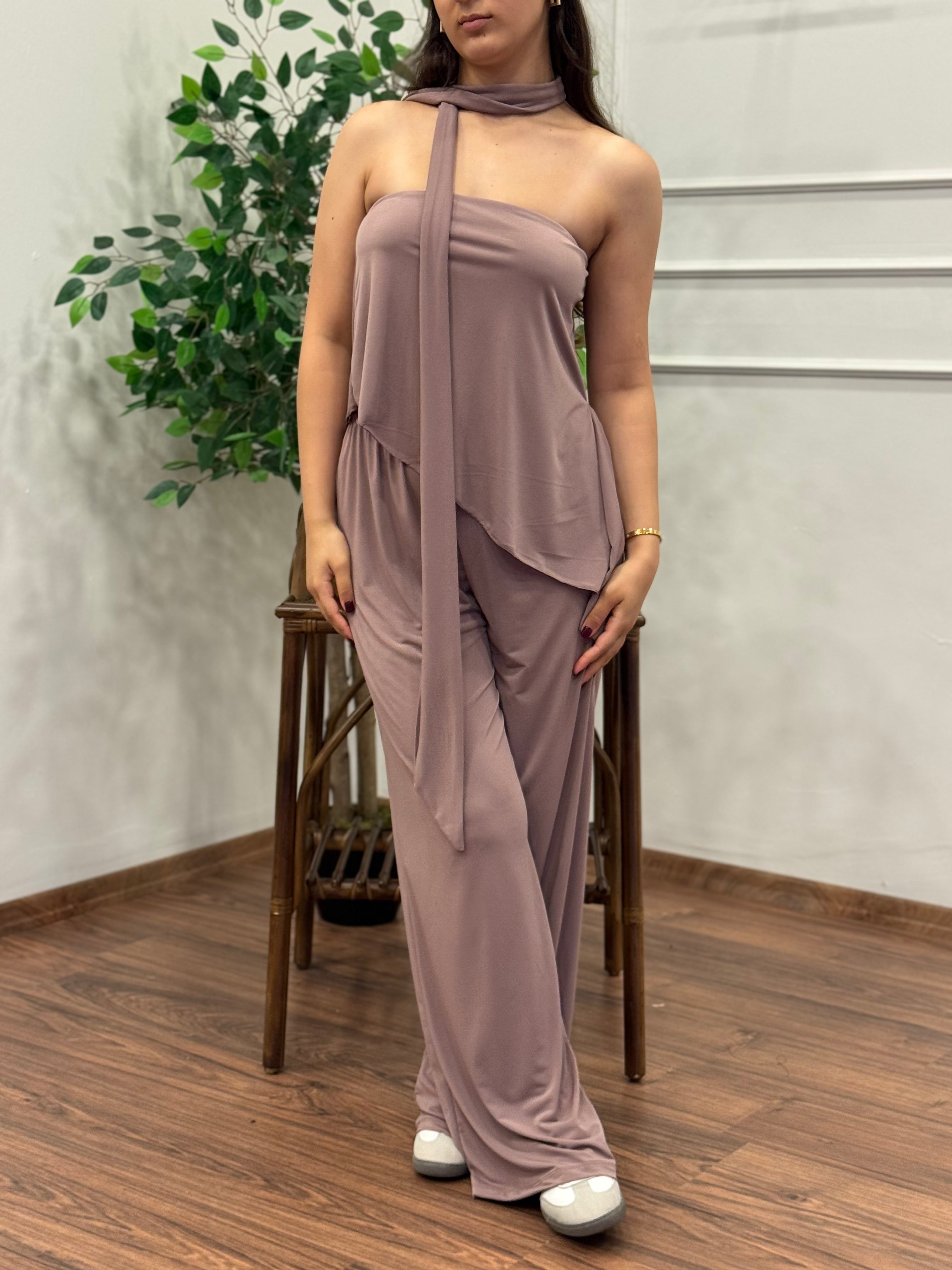 Asimetrik Kesim Bluz Pantolon Kuşaklı Gül Kurusu Takım