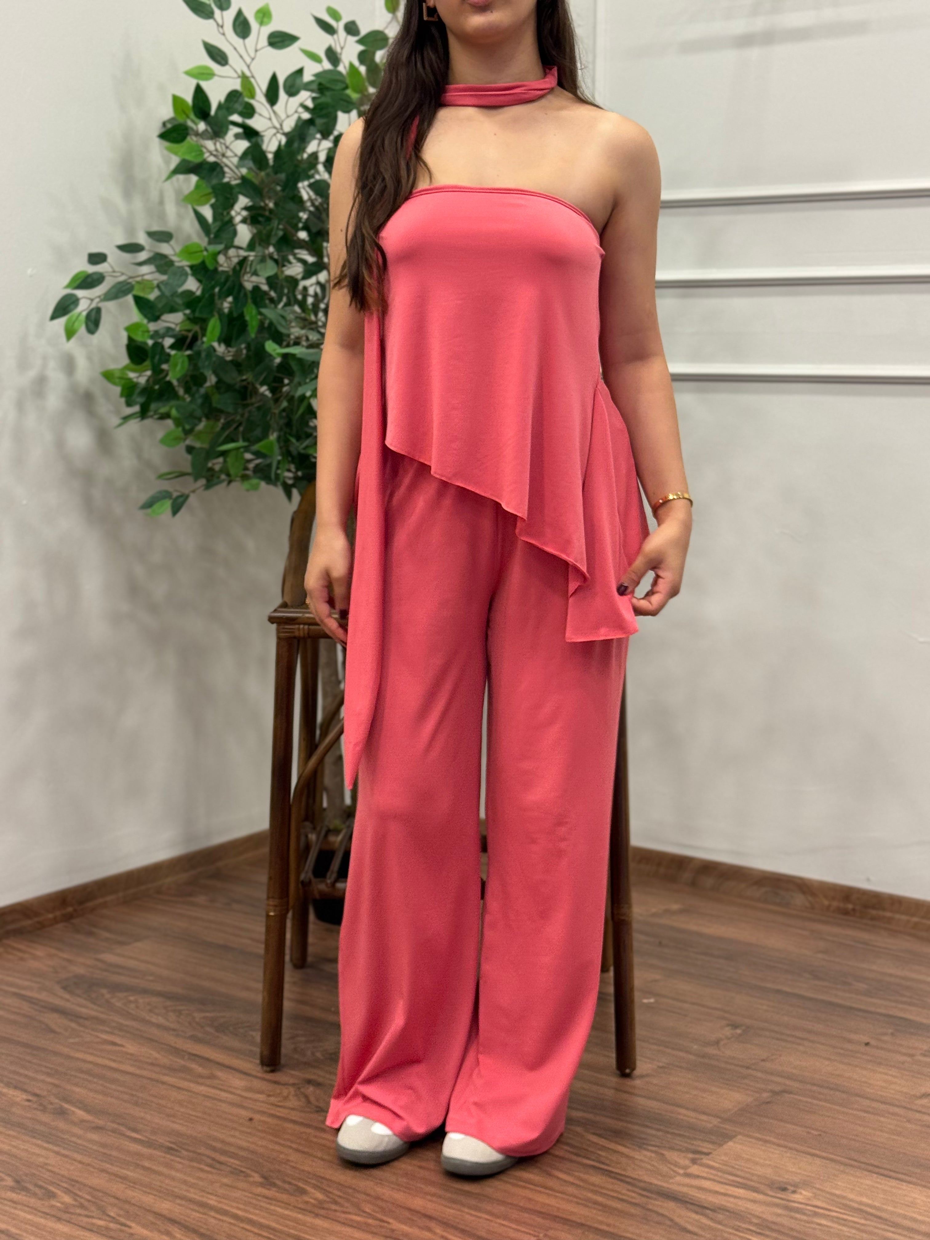 Asimetrik Kesim Bluz Pantolon Kuşaklı Pembe Takım