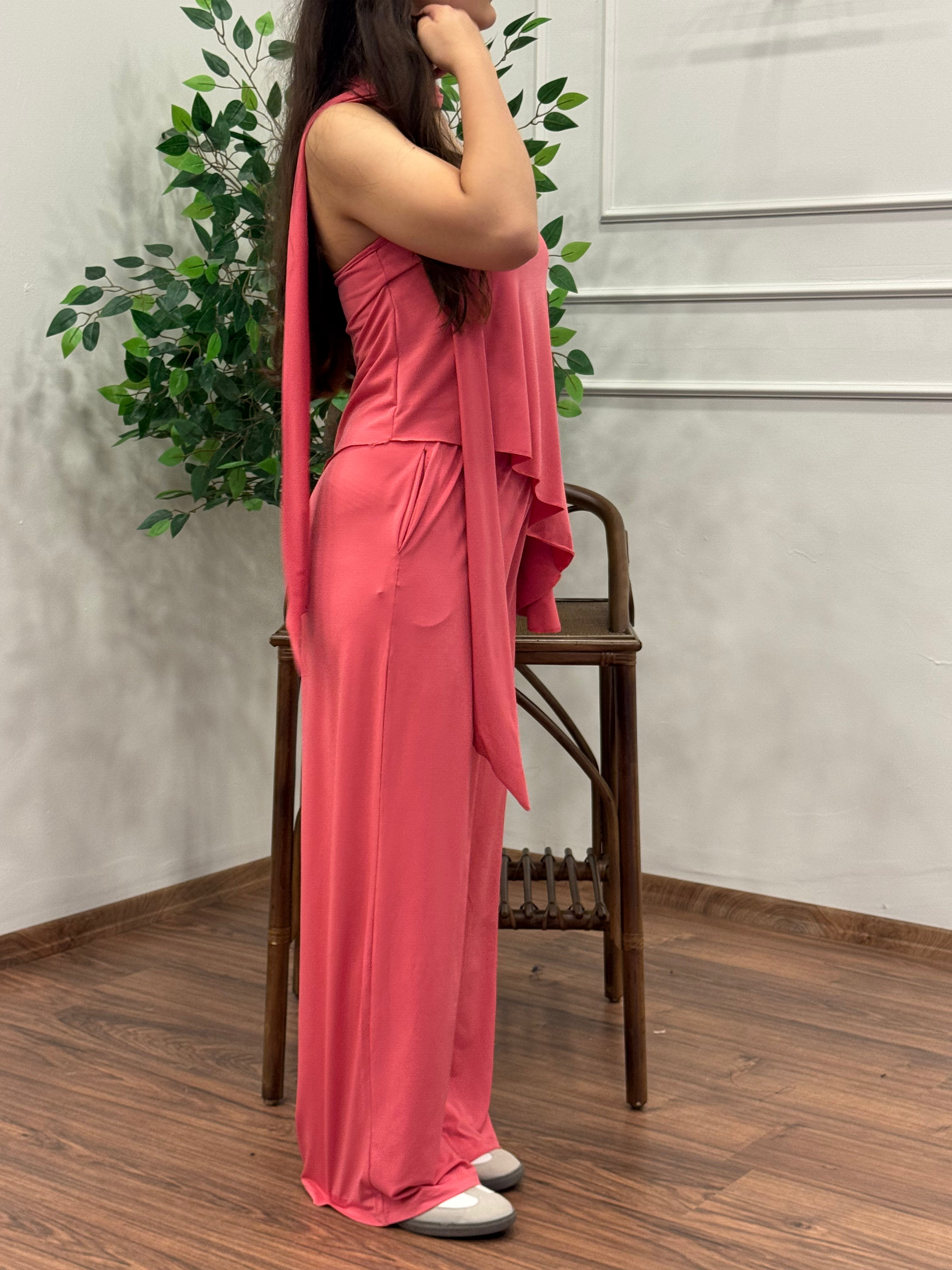 Asimetrik Kesim Bluz Pantolon Kuşaklı Pembe Takım