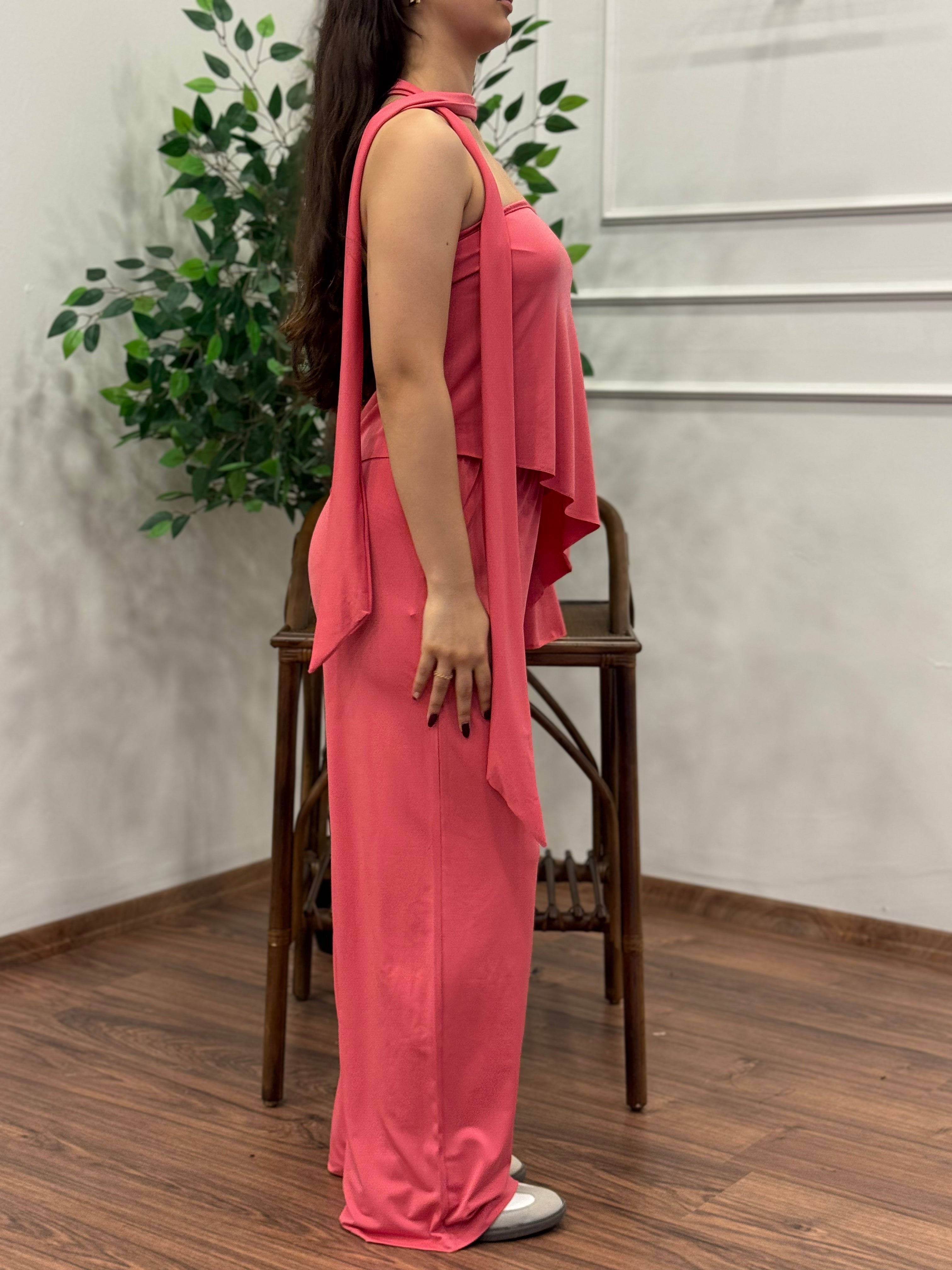 Asimetrik Kesim Bluz Pantolon Kuşaklı Pembe Takım