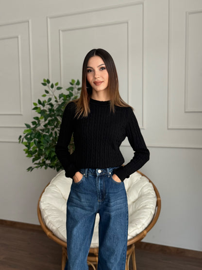 Örgü Detay Siyah Bluz