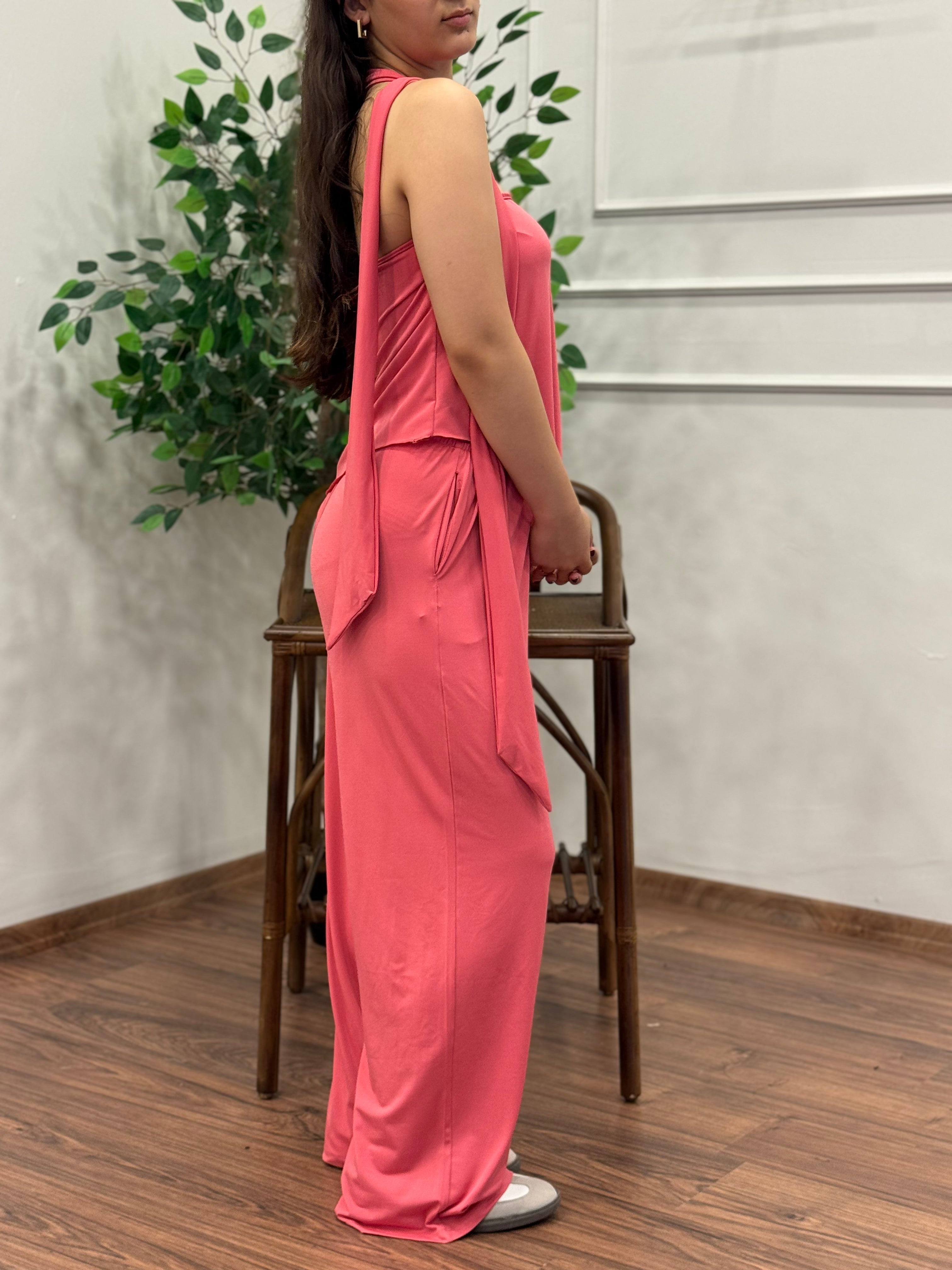 Asimetrik Kesim Bluz Pantolon Kuşaklı Pembe Takım