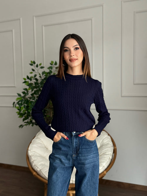 Örgü Detay Lacivert Bluz