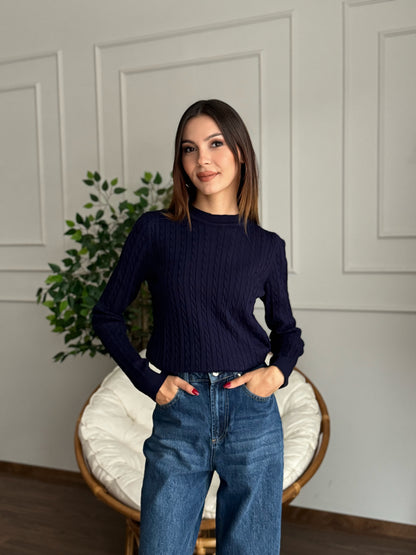 Örgü Detay Lacivert Bluz