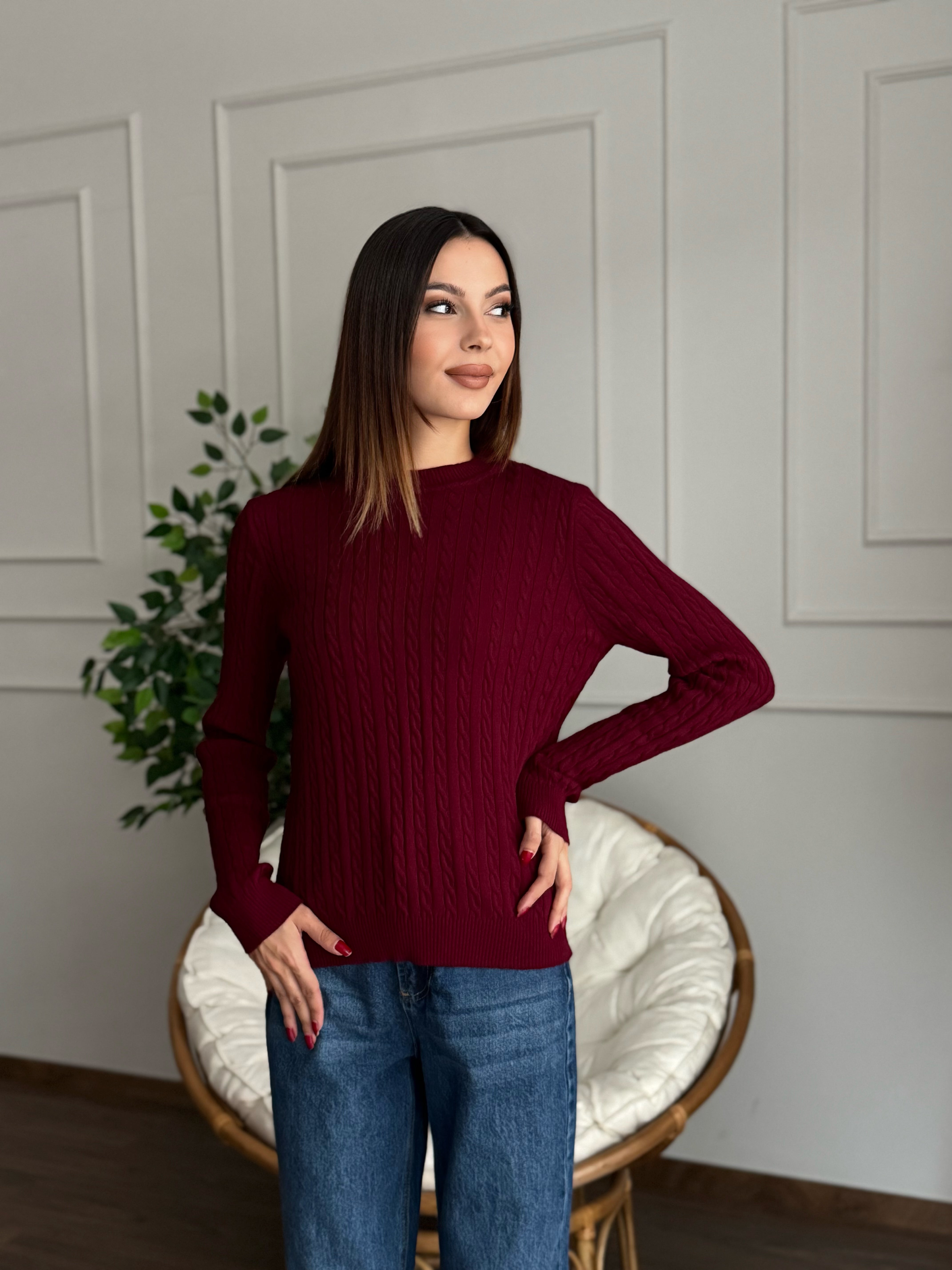 Örgü Detay Bordo Bluz