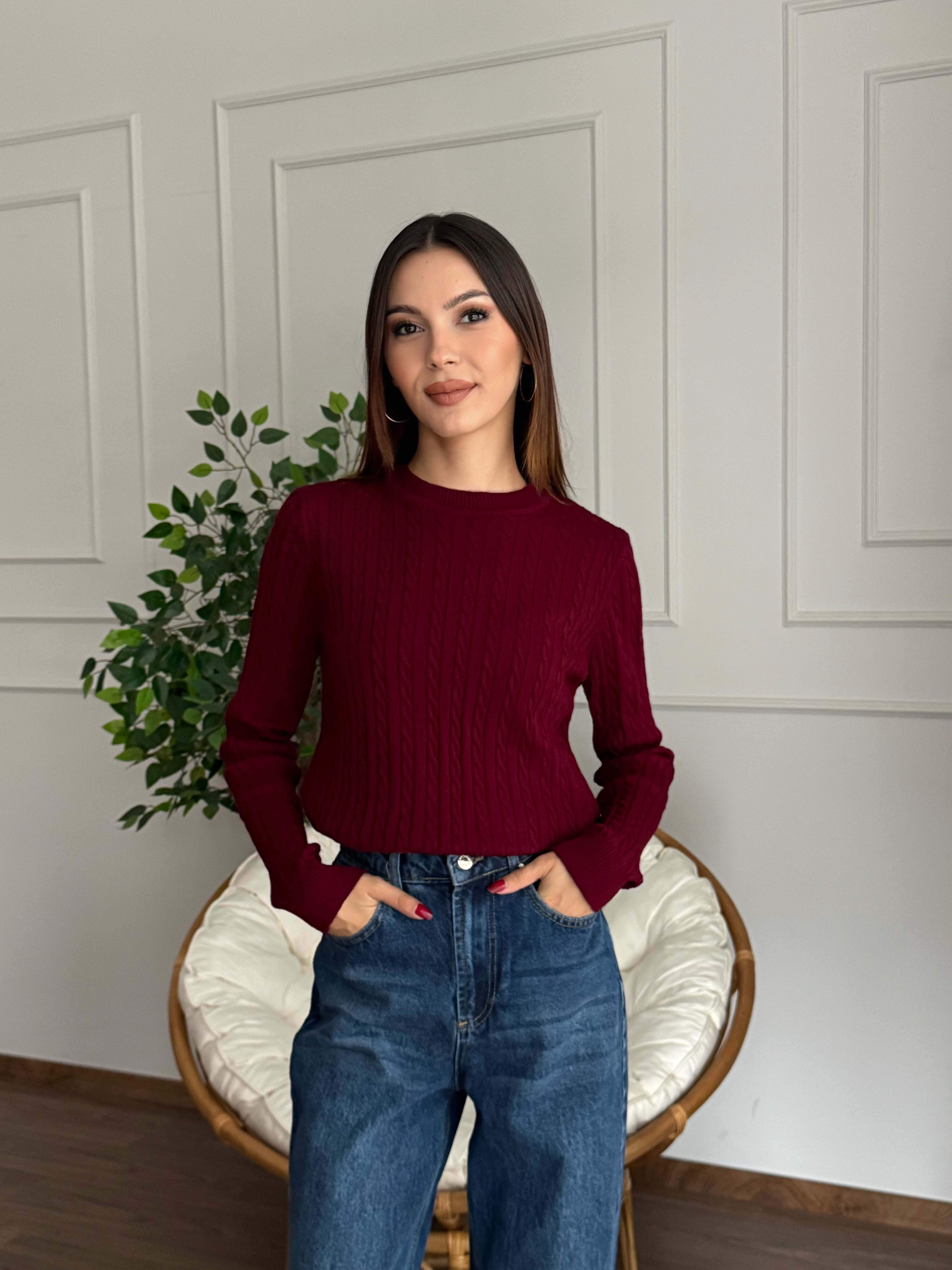 Örgü Detay Bordo Bluz