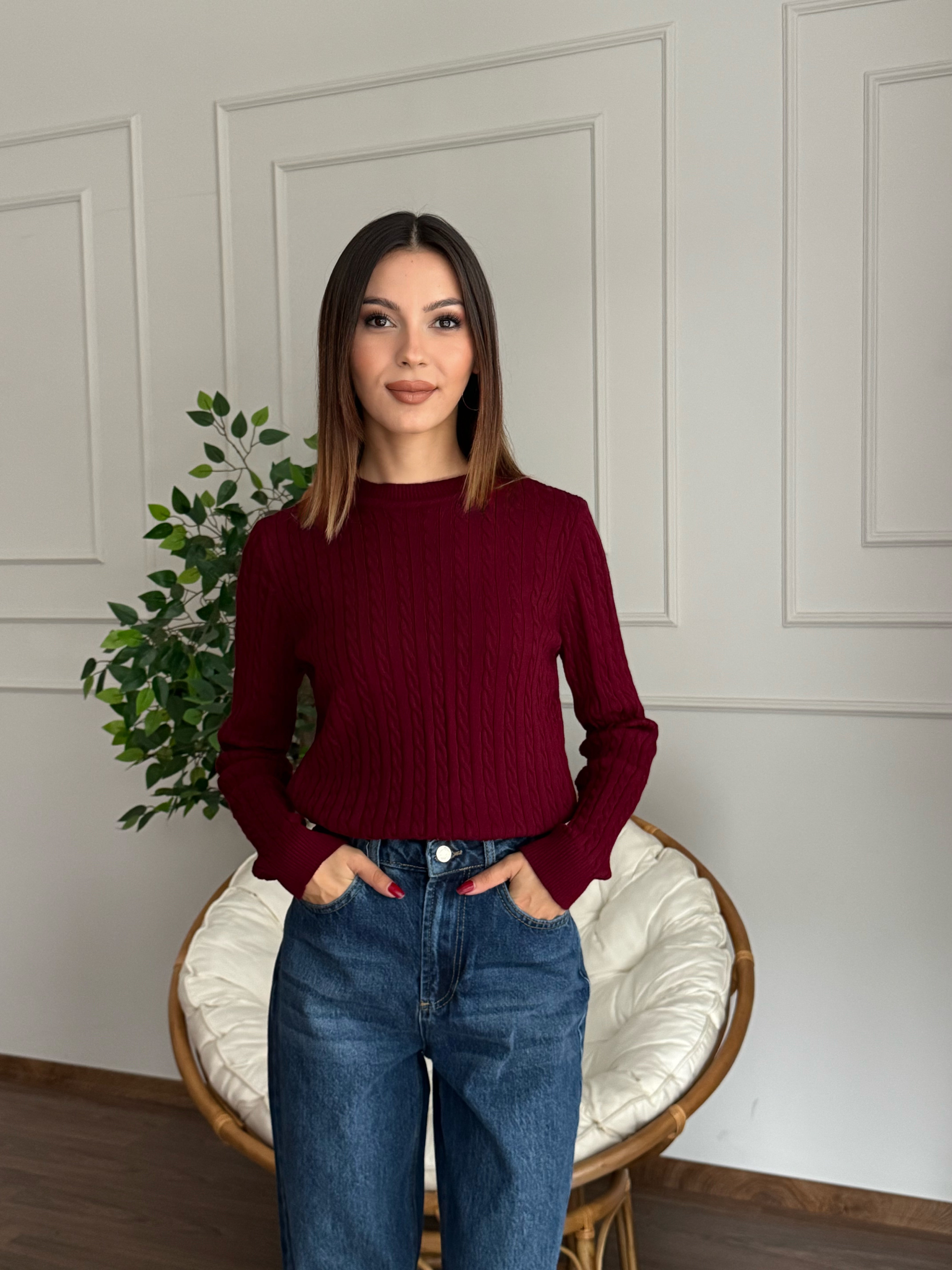 Örgü Detay Bordo Bluz
