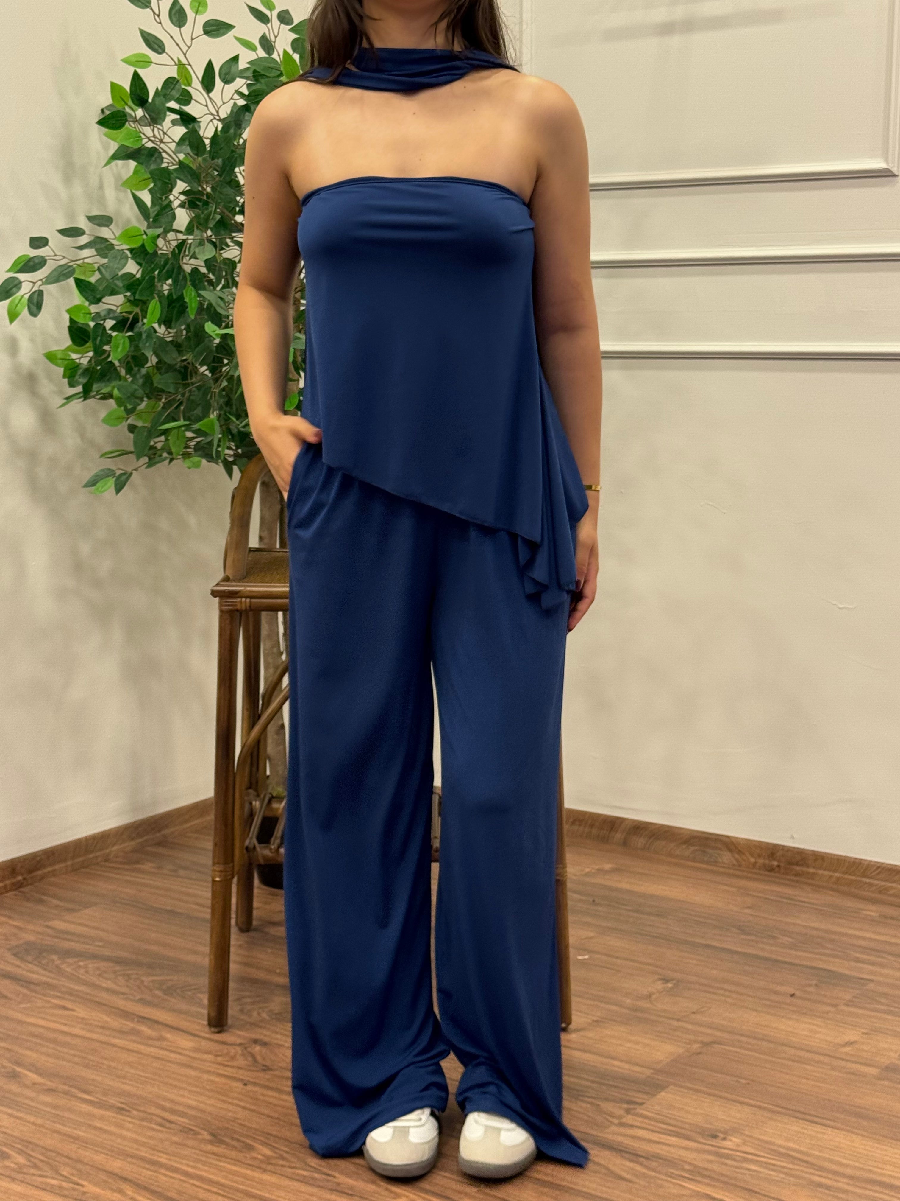 Asimetrik Kesim Bluz Pantolon Kuşaklı Lacivert Takım