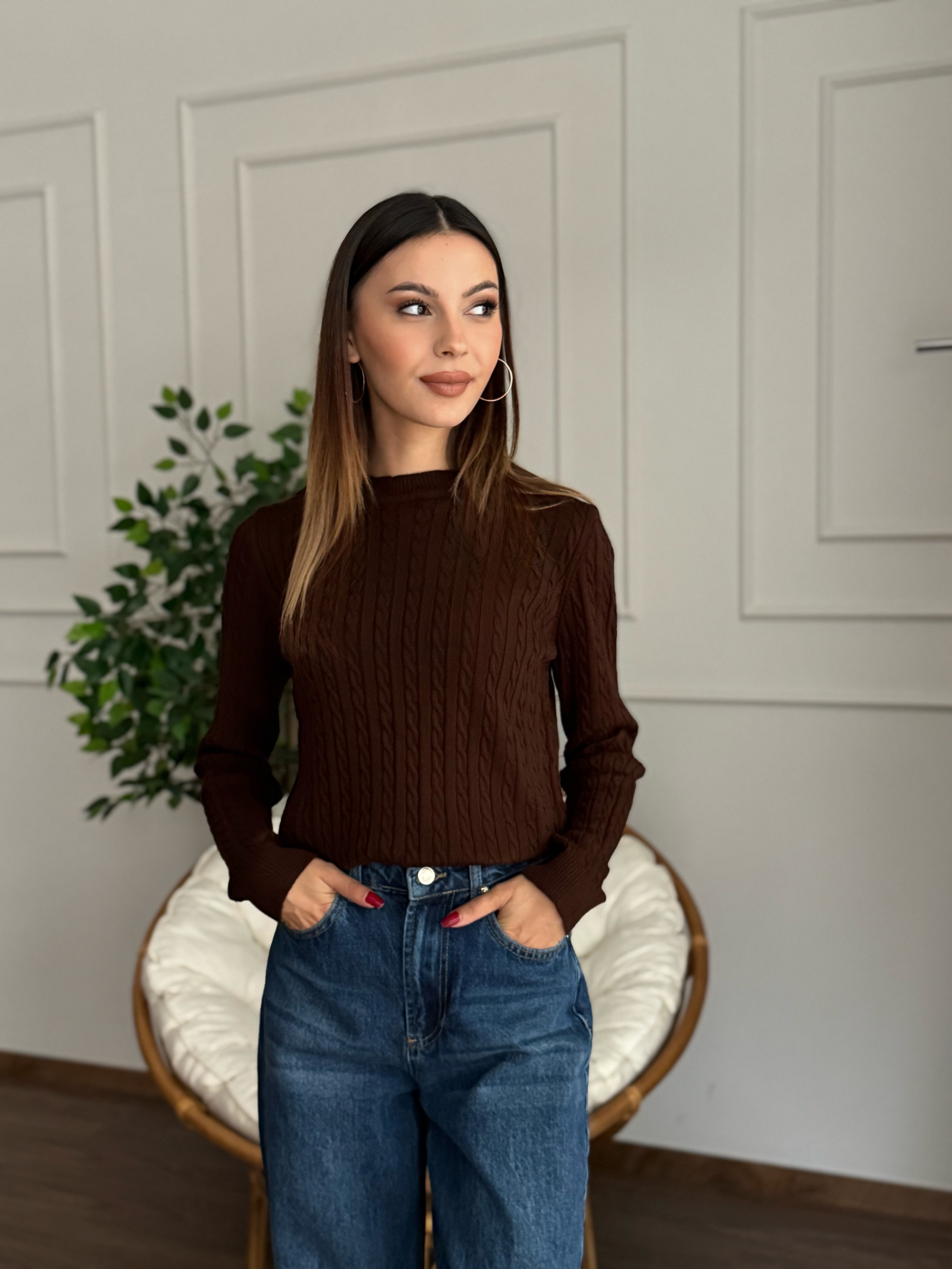 Örgü Detay Kahverengi Bluz