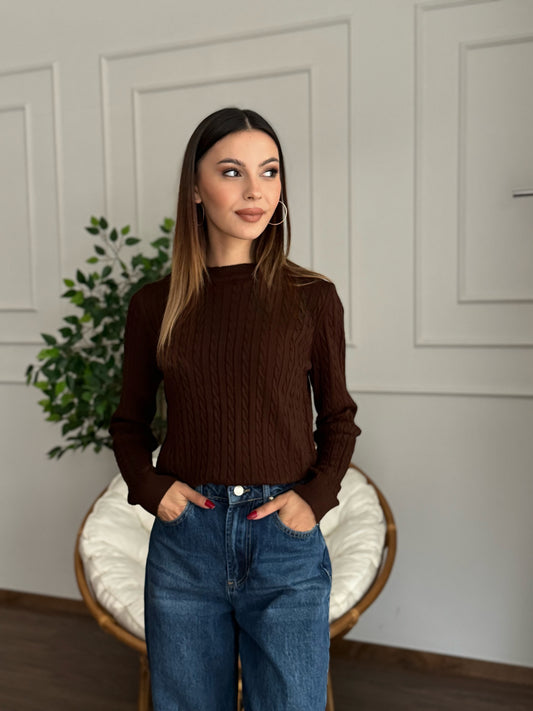 Örgü Detay Kahverengi Bluz