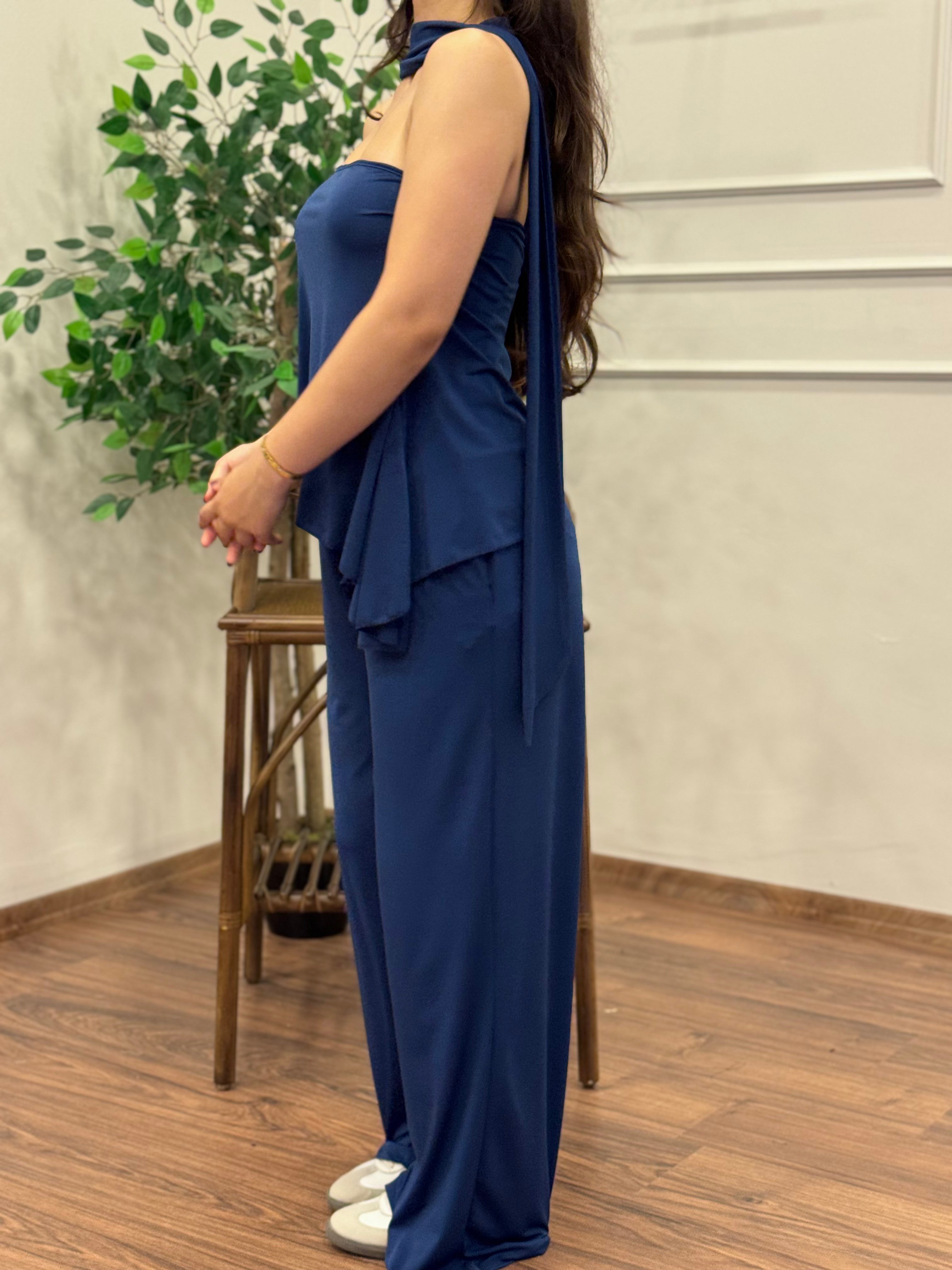 Asimetrik Kesim Bluz Pantolon Kuşaklı Lacivert Takım