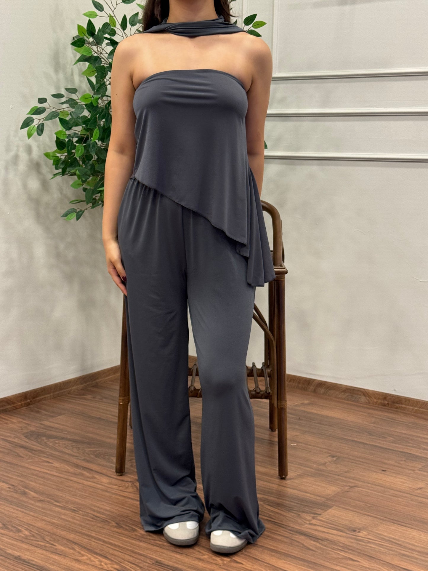 Asimetrik Kesim Bluz Pantolon Kuşaklı Antrasit Takım