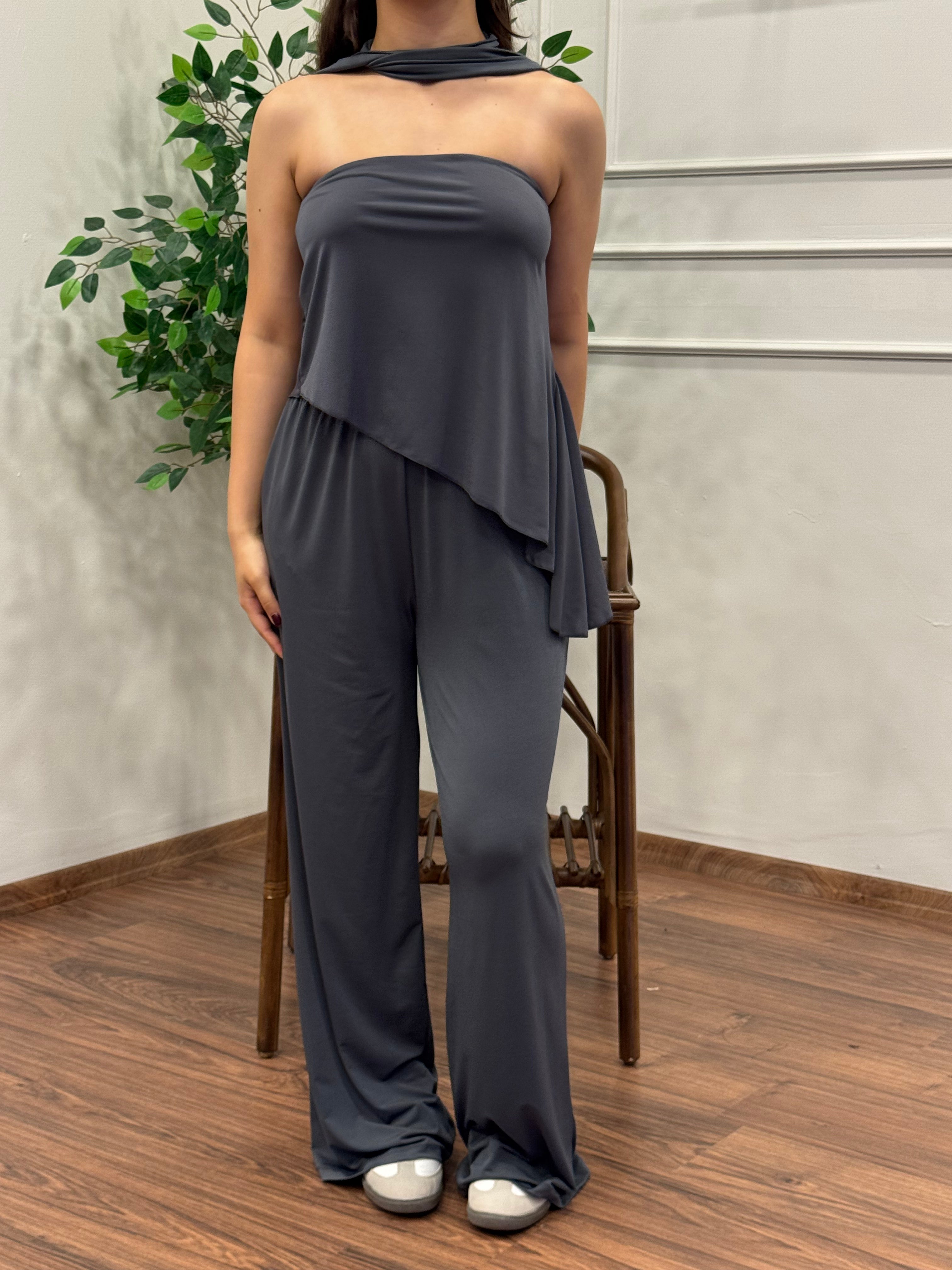 Asimetrik Kesim Bluz Pantolon Kuşaklı Antrasit Takım