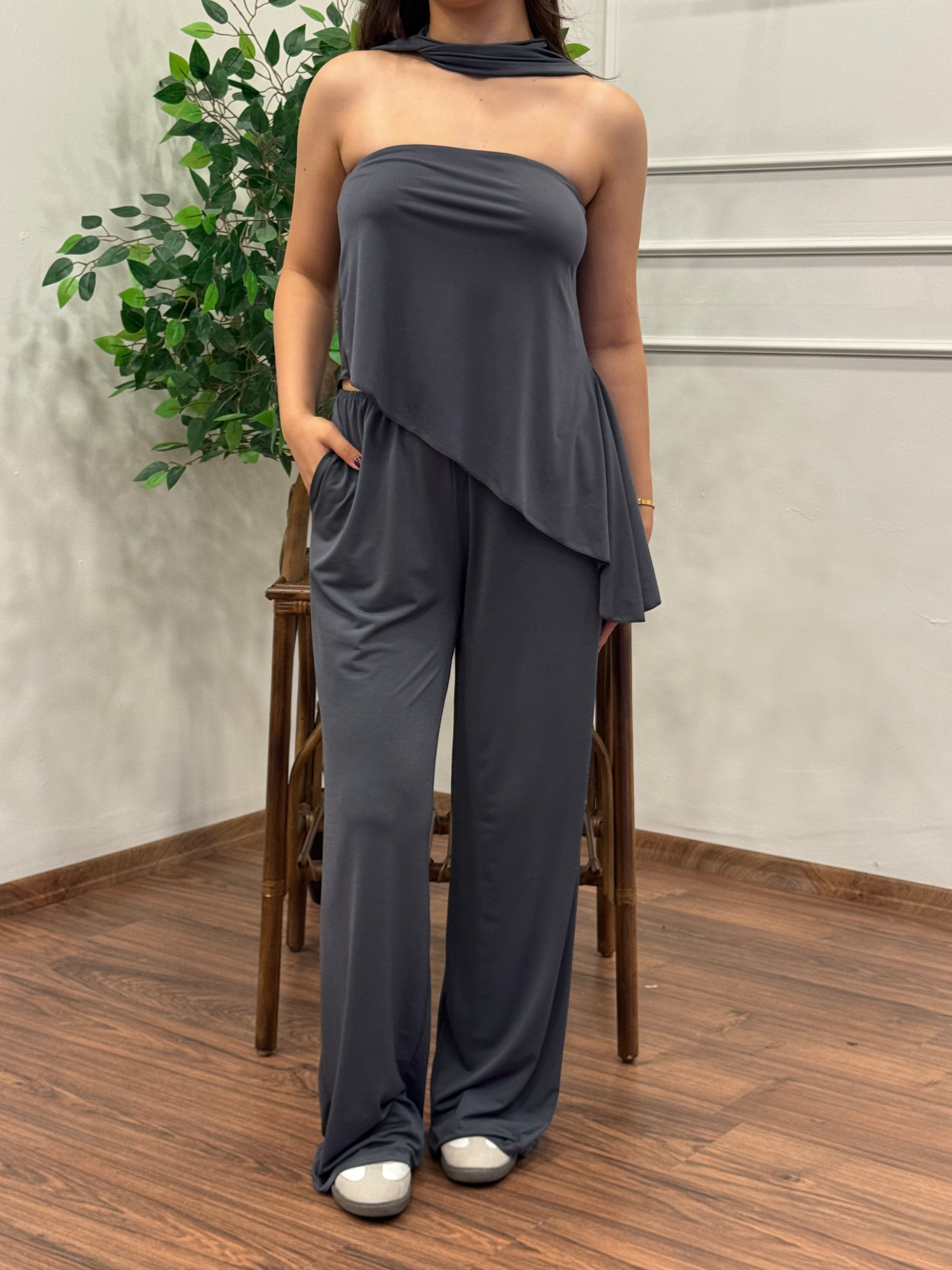 Asimetrik Kesim Bluz Pantolon Kuşaklı Antrasit Takım