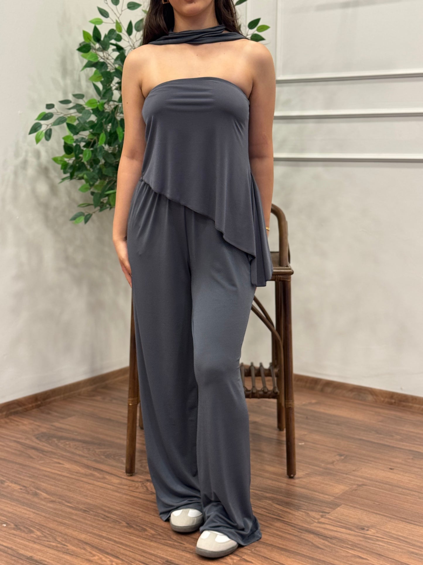 Asimetrik Kesim Bluz Pantolon Kuşaklı Antrasit Takım