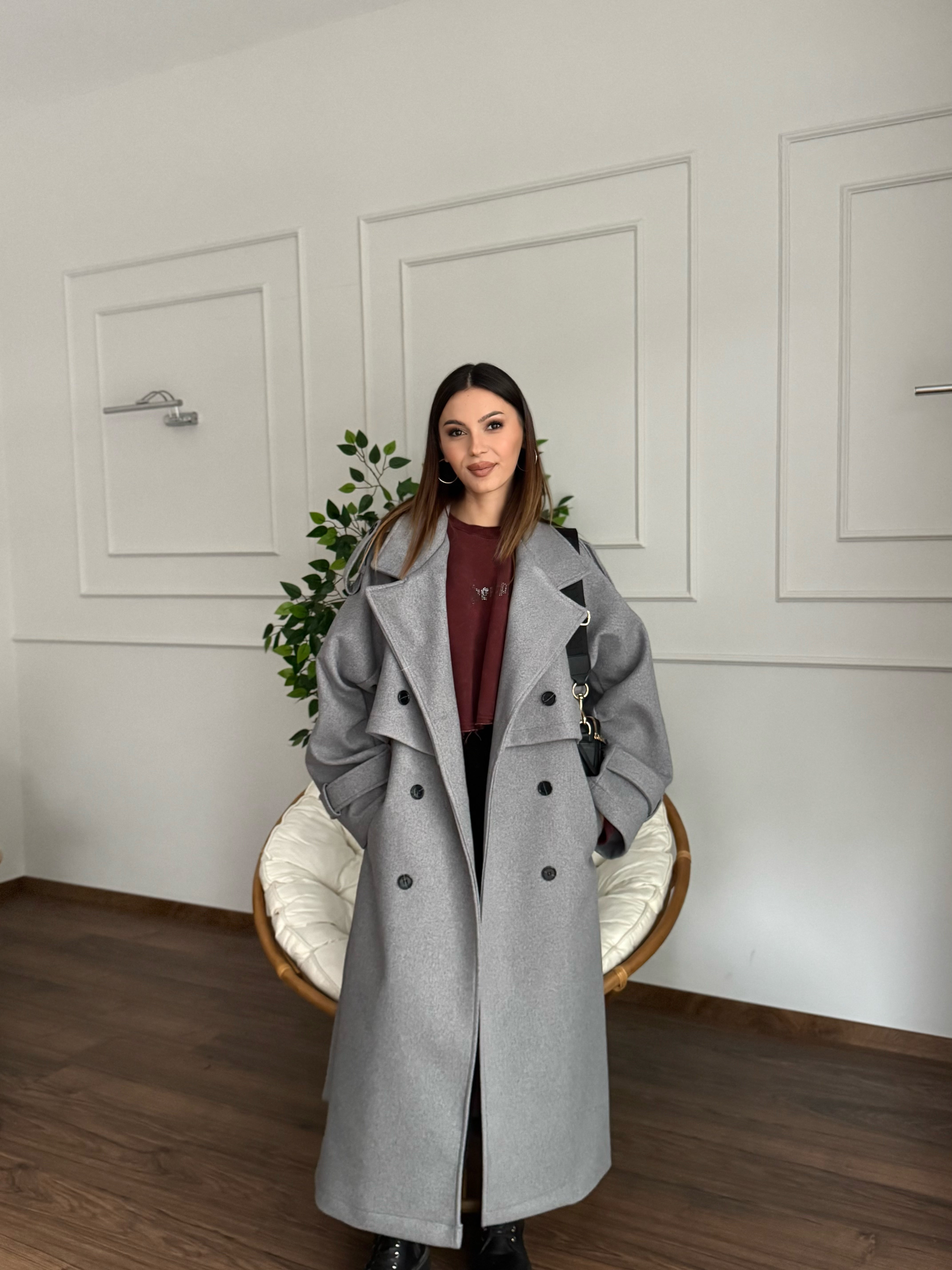 Rüzgarlık Detaylı Gri Kaşe Kaban