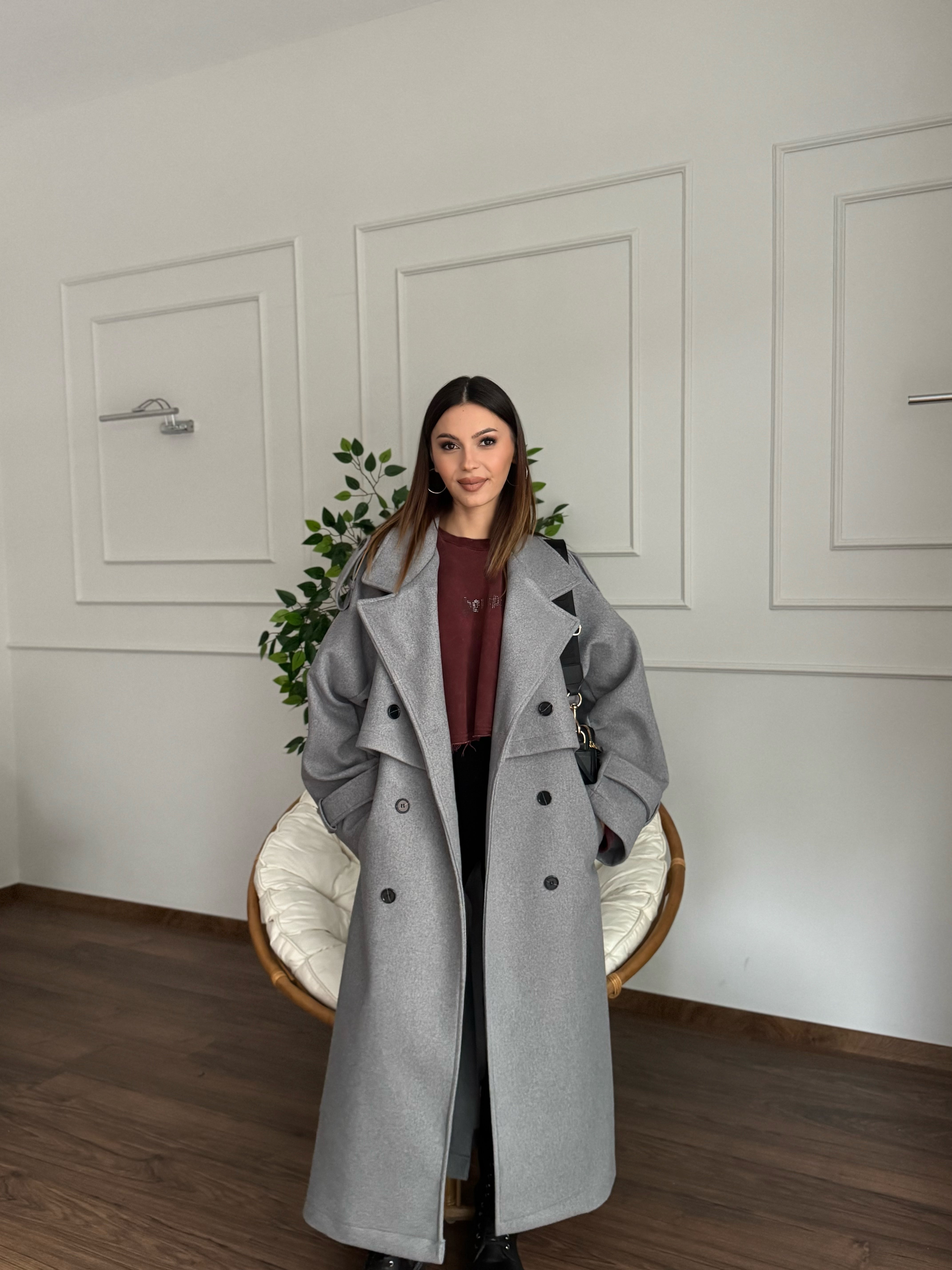 Rüzgarlık Detaylı Gri Kaşe Kaban