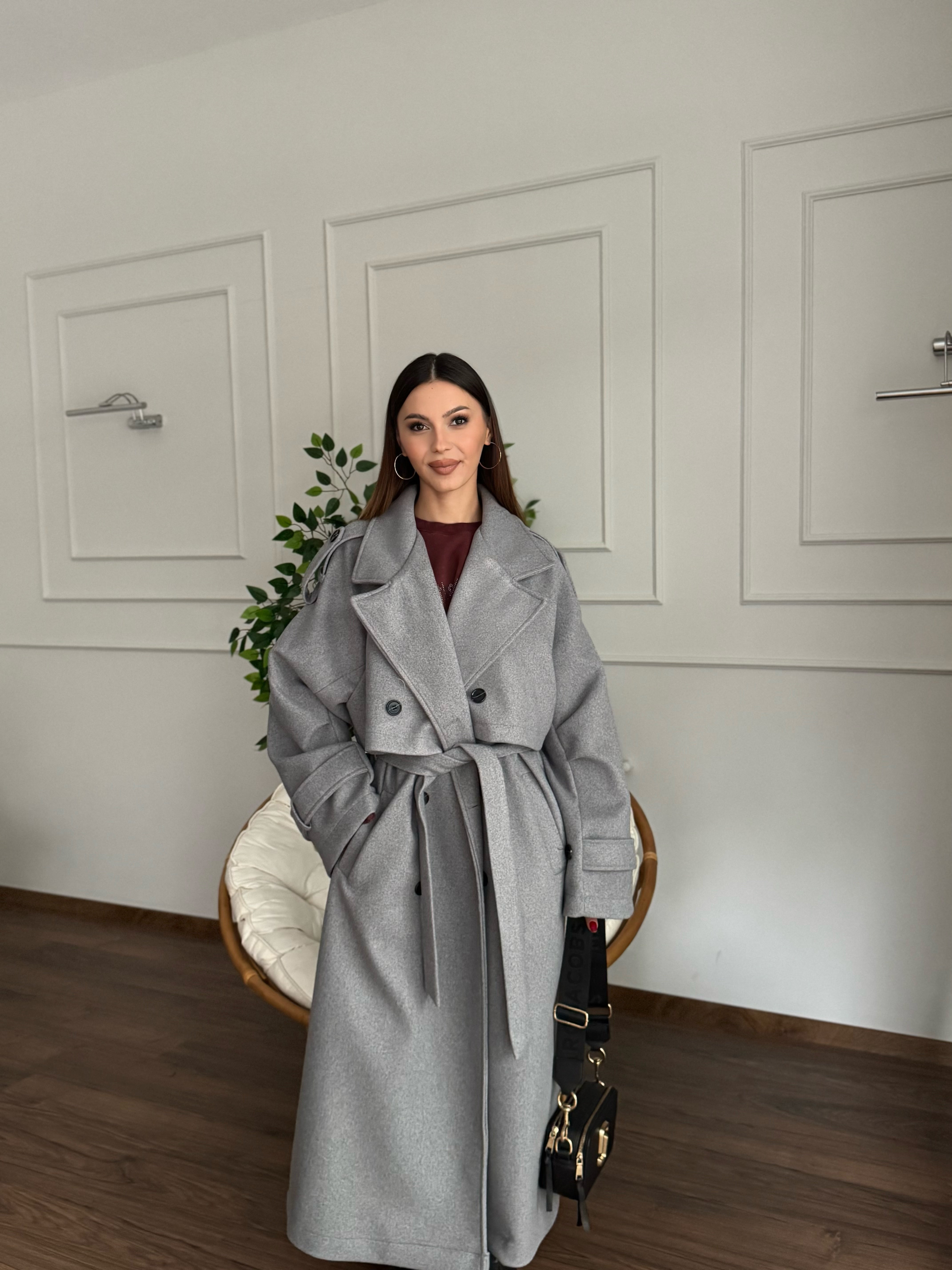 Rüzgarlık Detaylı Gri Kaşe Kaban