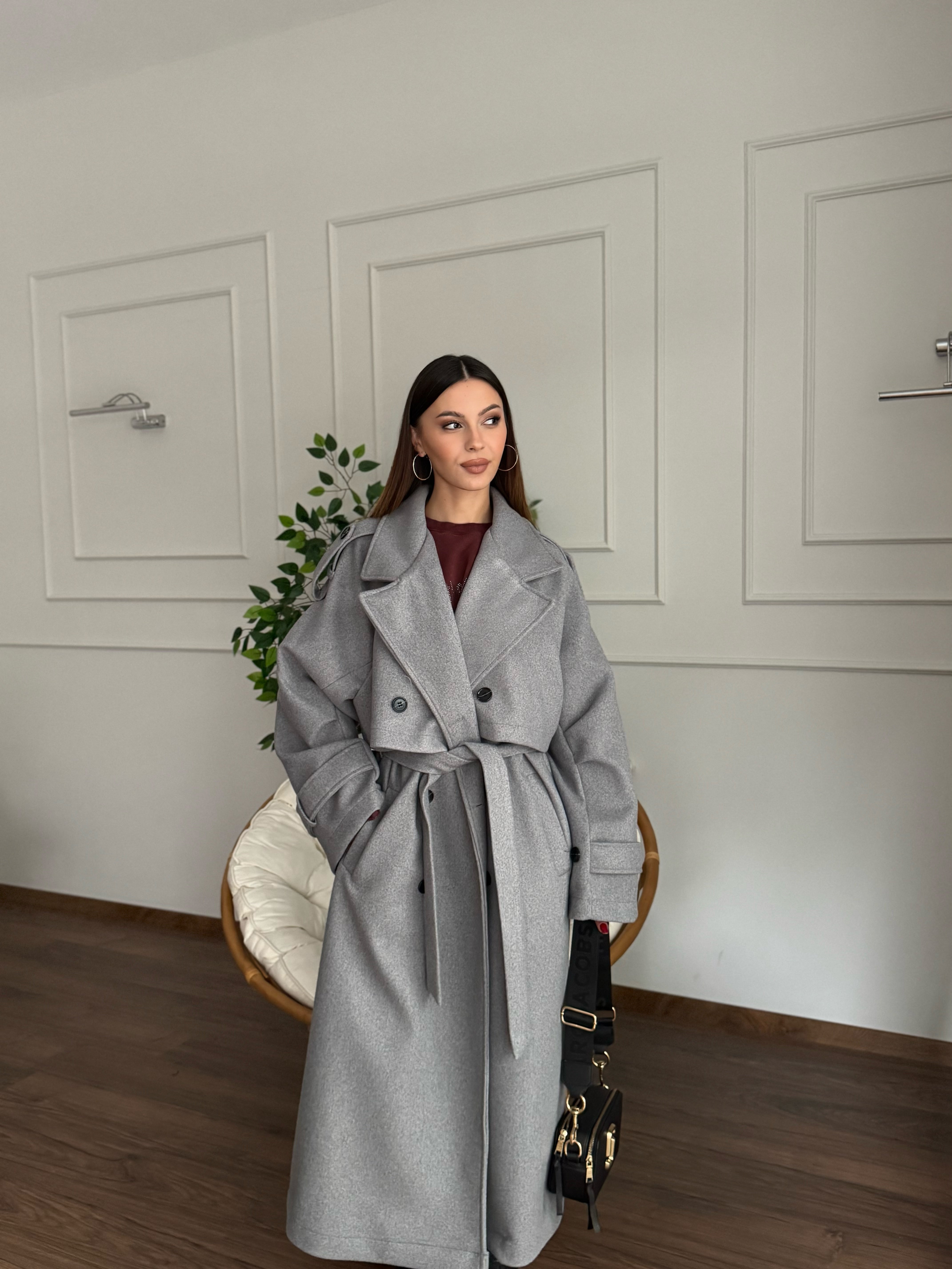 Rüzgarlık Detaylı Gri Kaşe Kaban