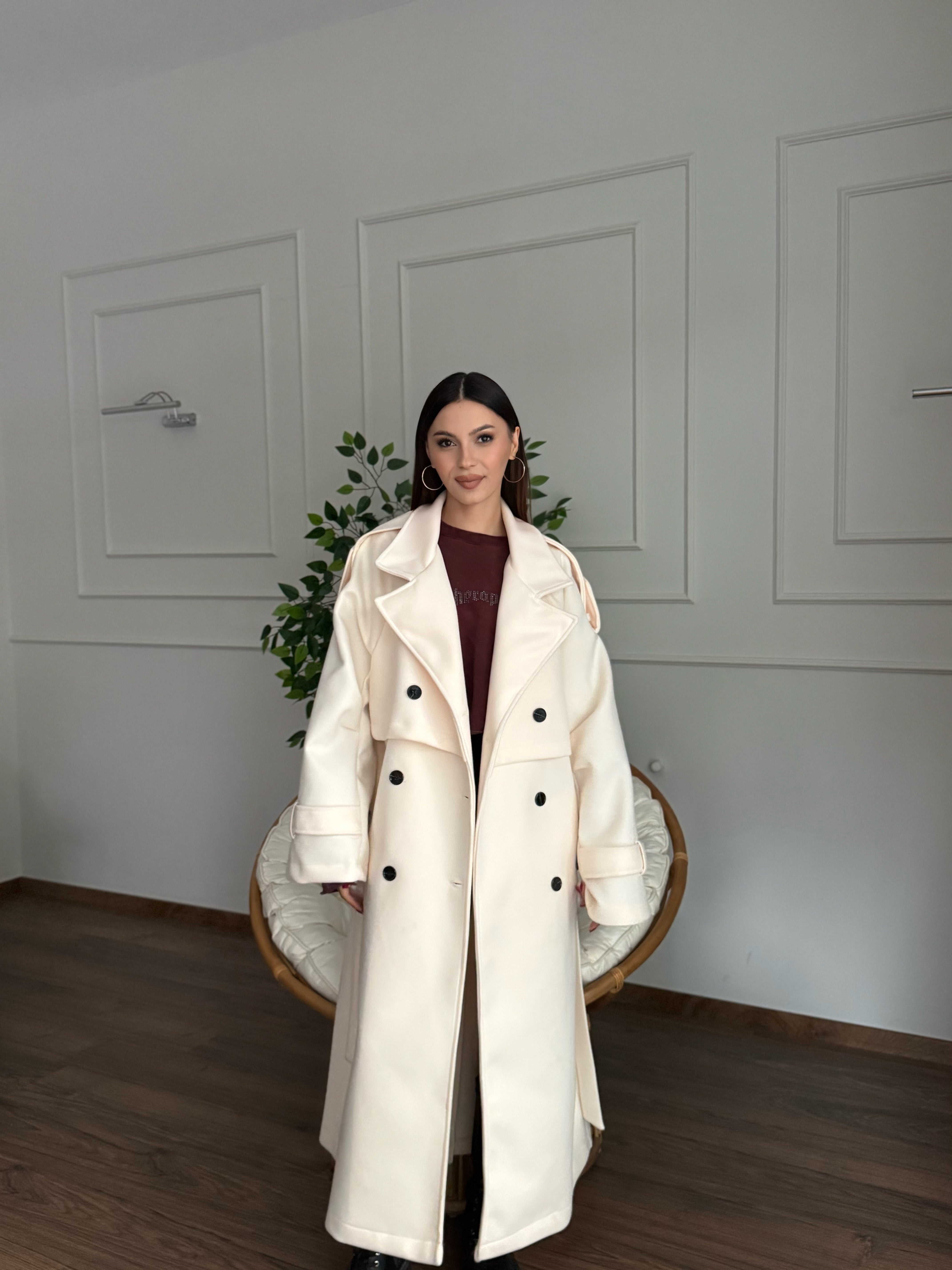 Rüzgarlık Detaylı Ekru Kaşe Kaban