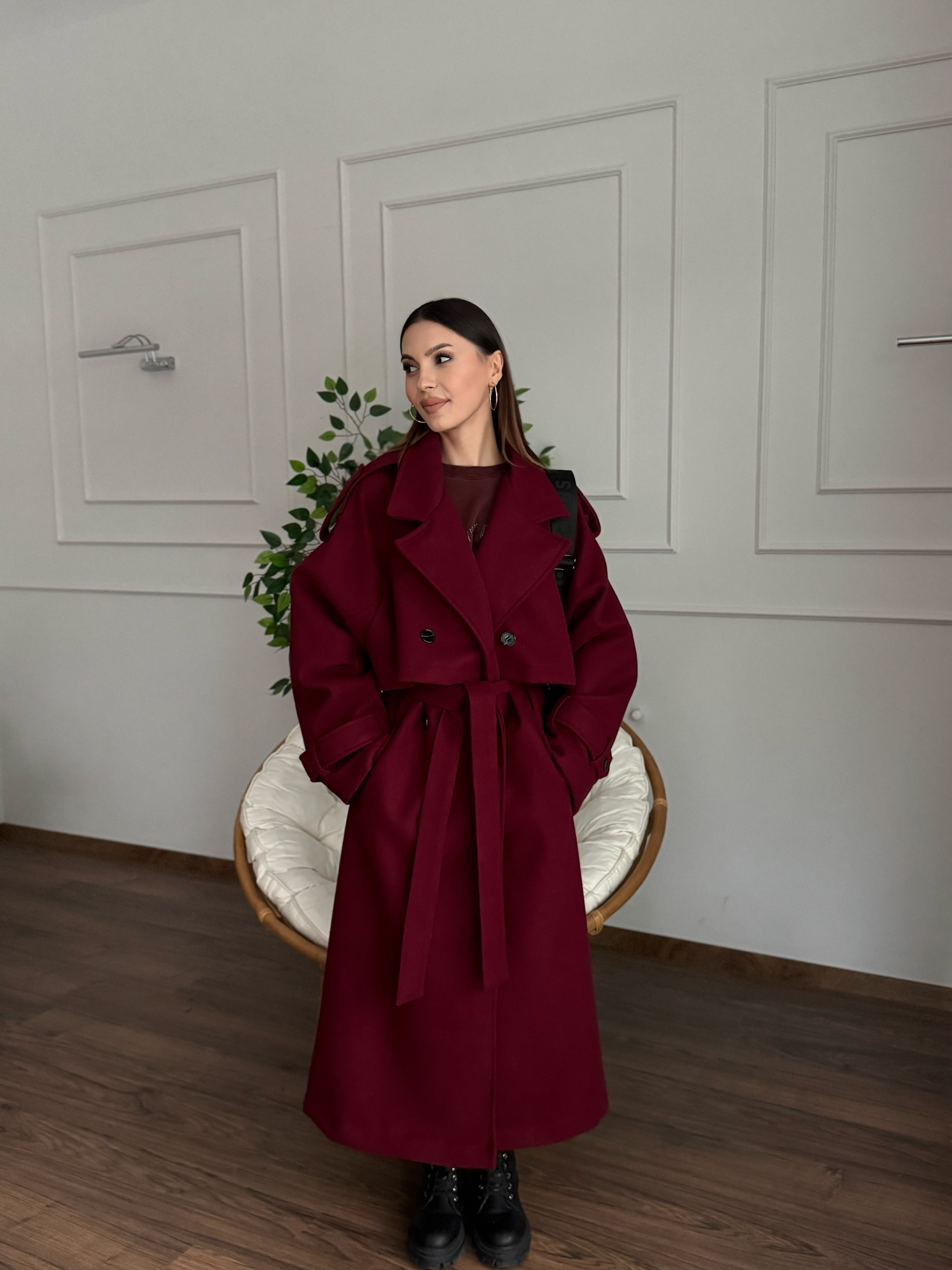 Rüzgarlık Detaylı Bordo Kaşe Kaban