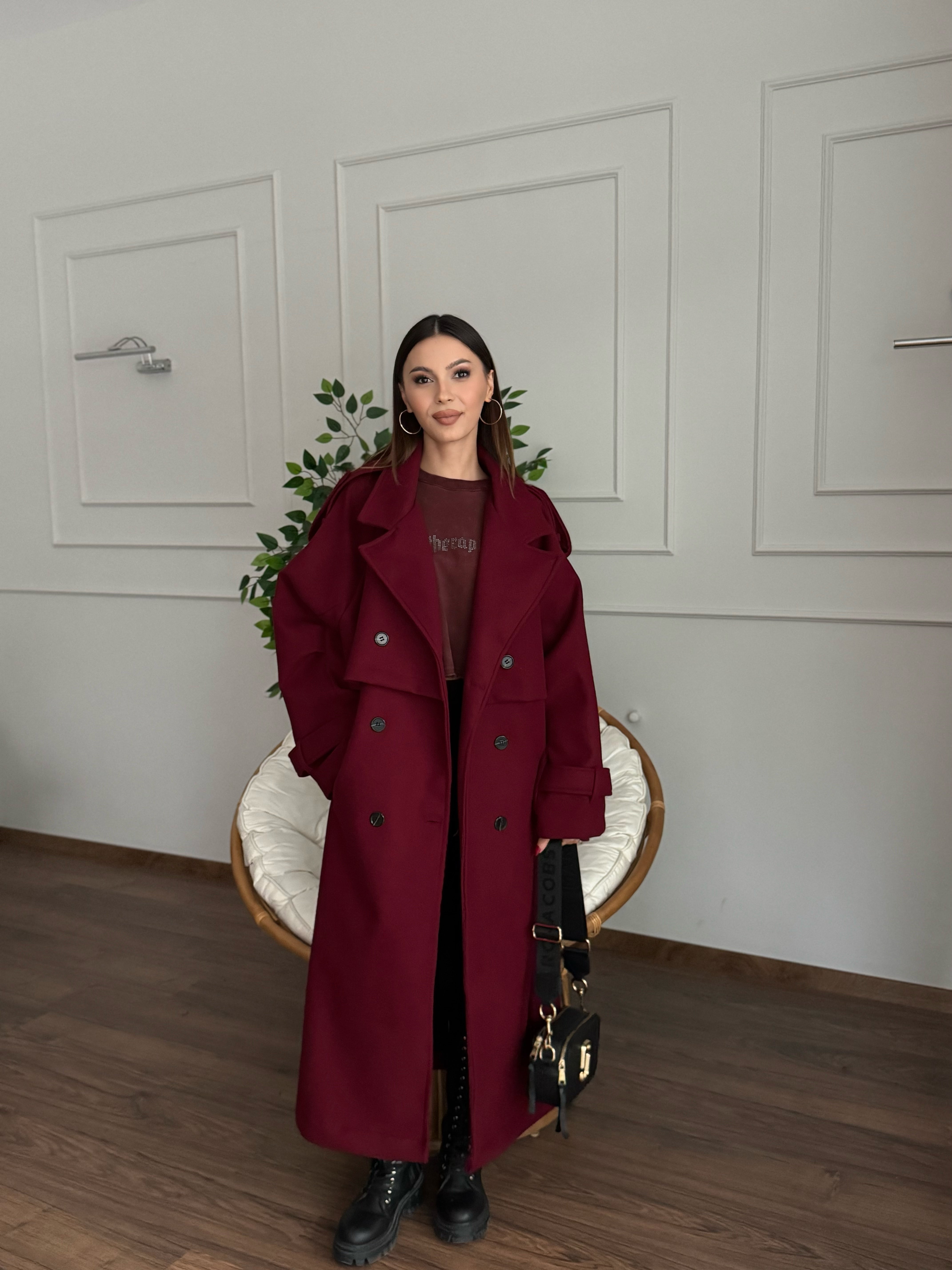 Rüzgarlık Detaylı Bordo Kaşe Kaban