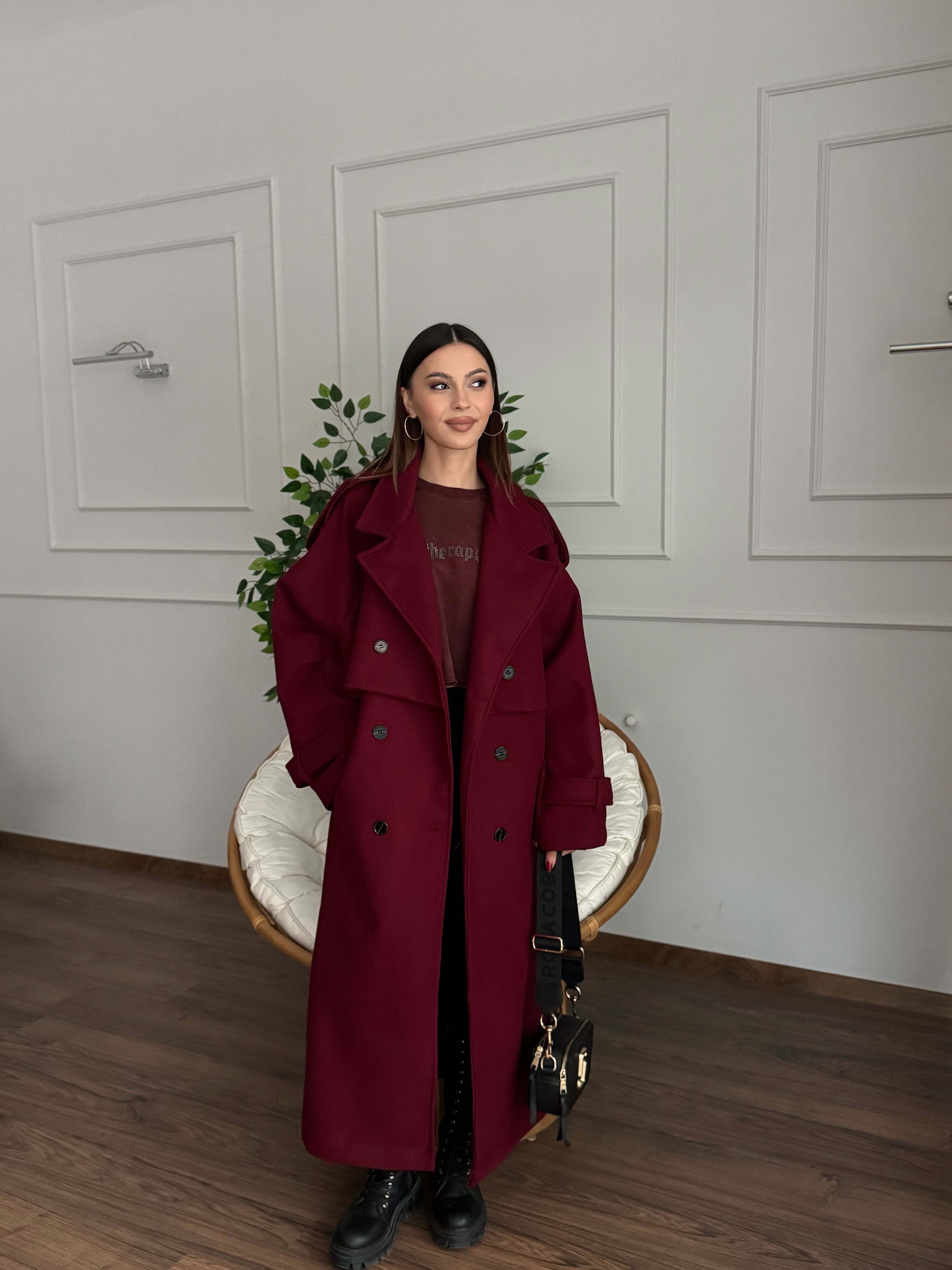 Rüzgarlık Detaylı Bordo Kaşe Kaban