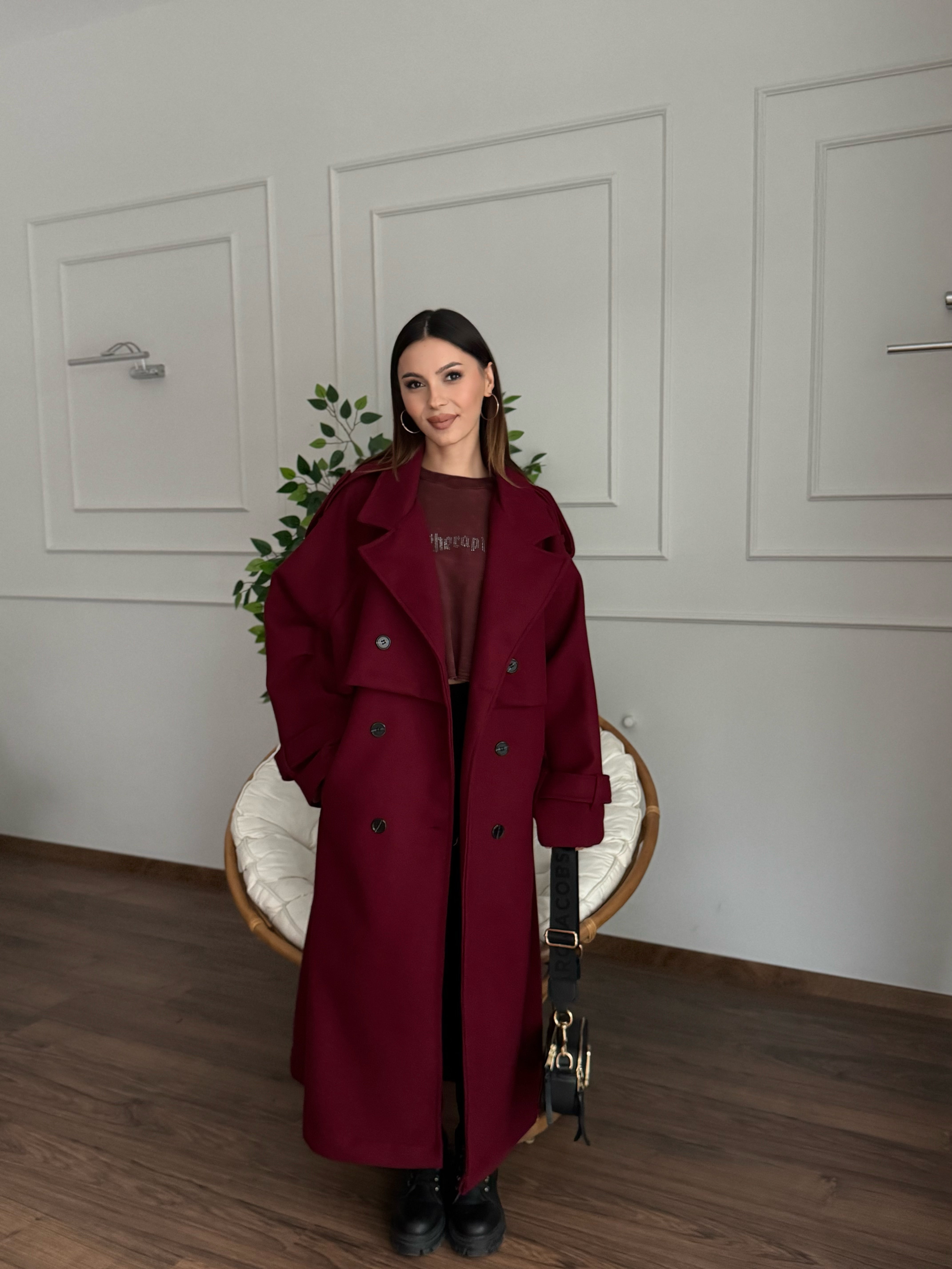 Rüzgarlık Detaylı Bordo Kaşe Kaban