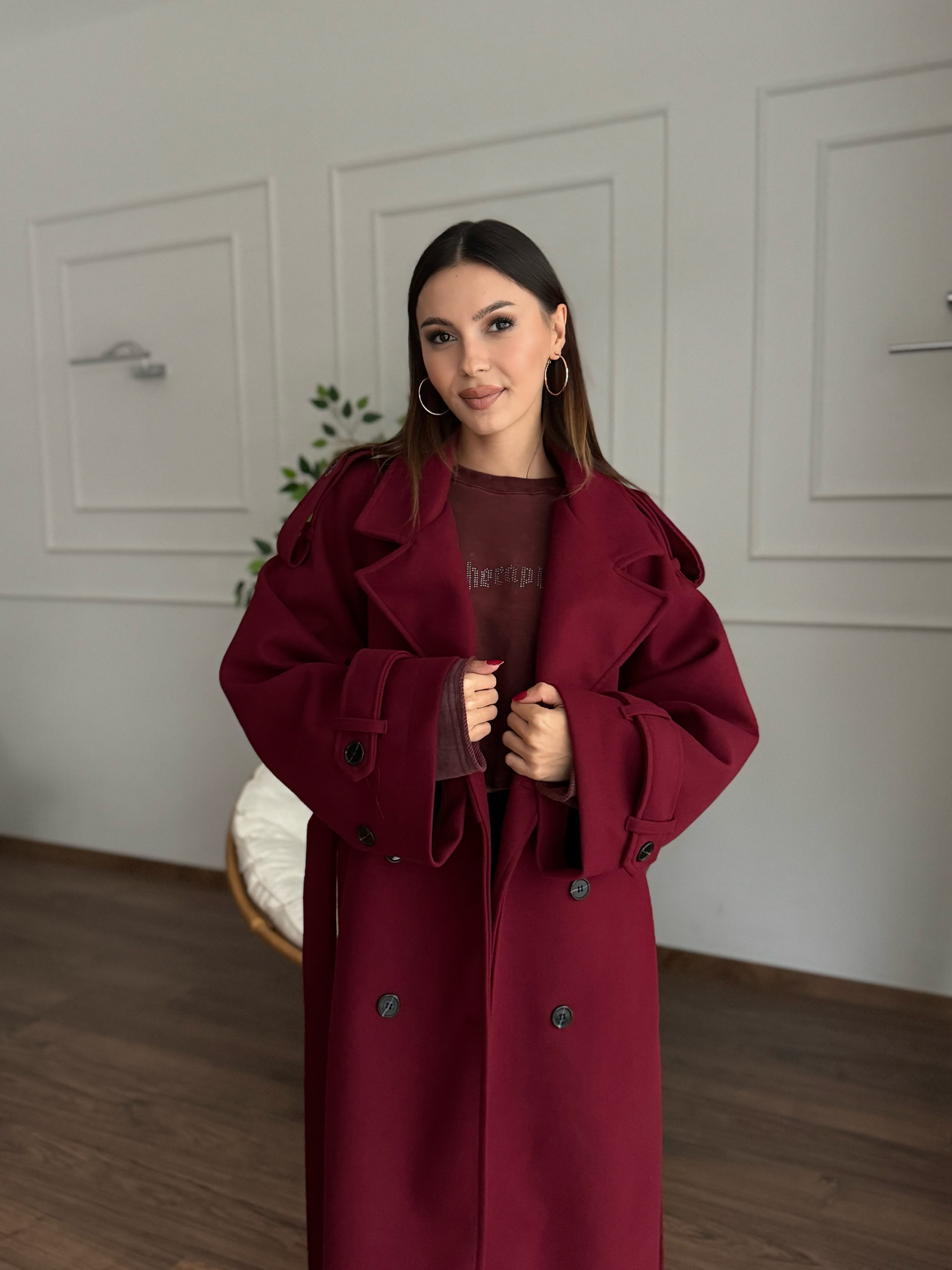 Rüzgarlık Detaylı Bordo Kaşe Kaban