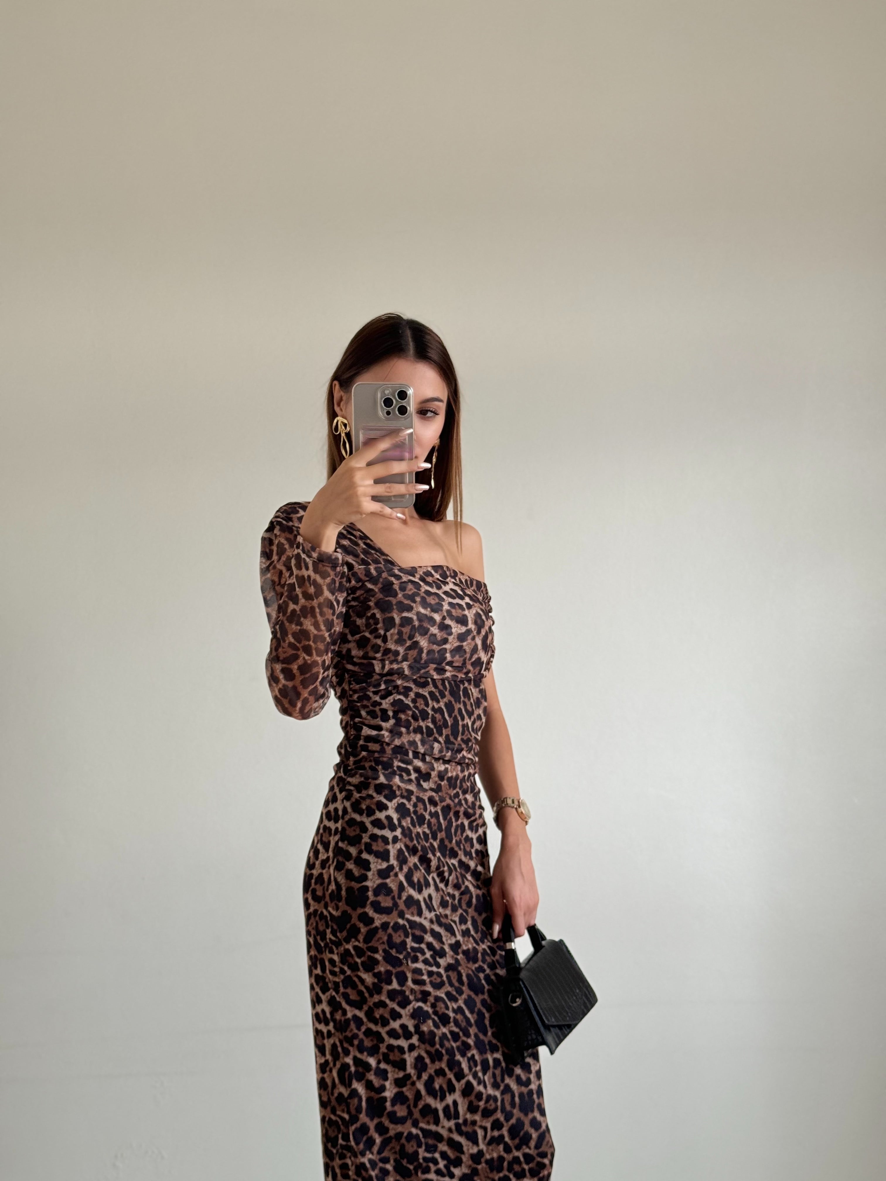 Leopar Desen Tül Kumaş İç Astarlı Elbise