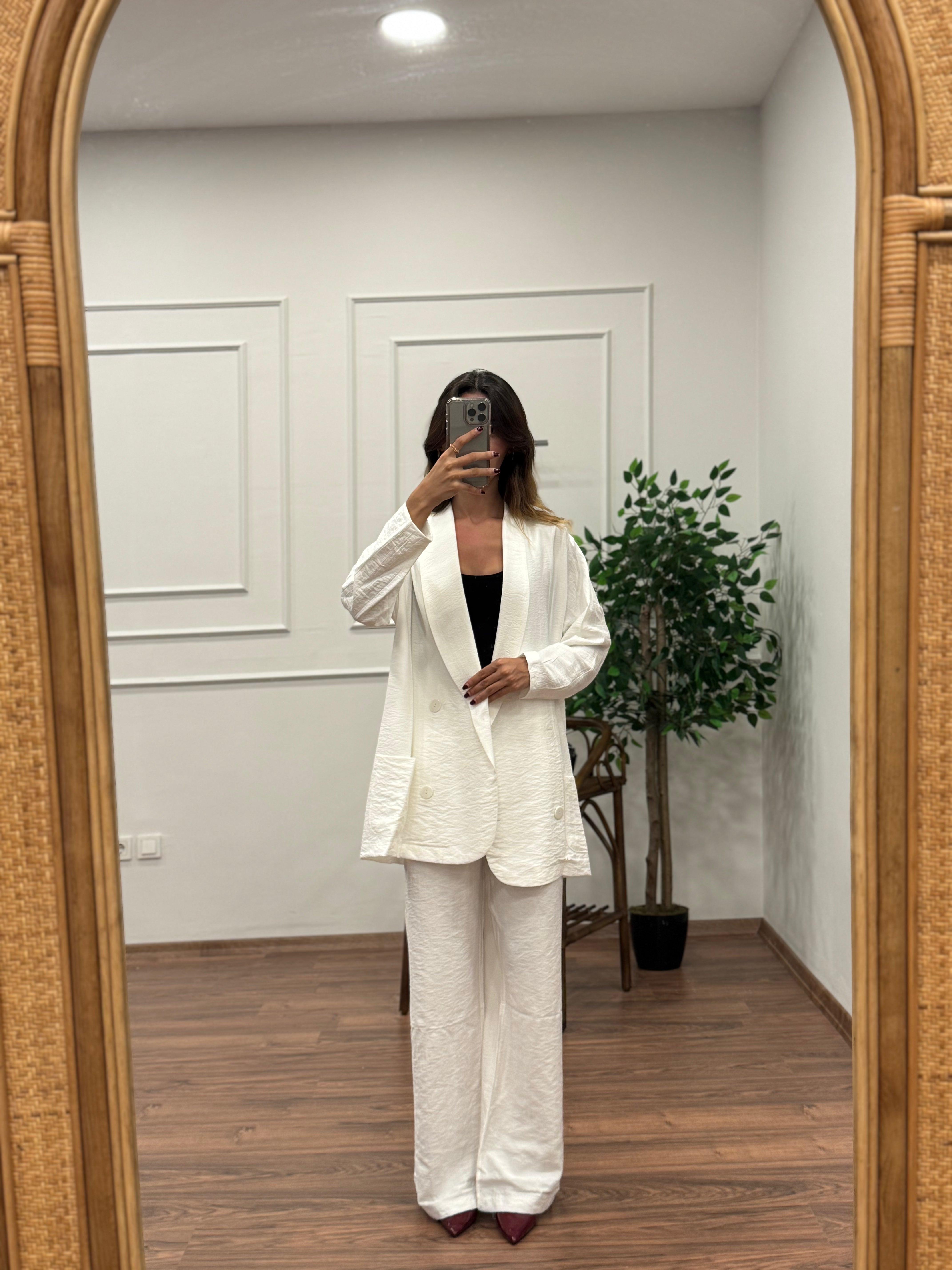 Müslin Blazer Ceket Pantolon Beyaz Takım