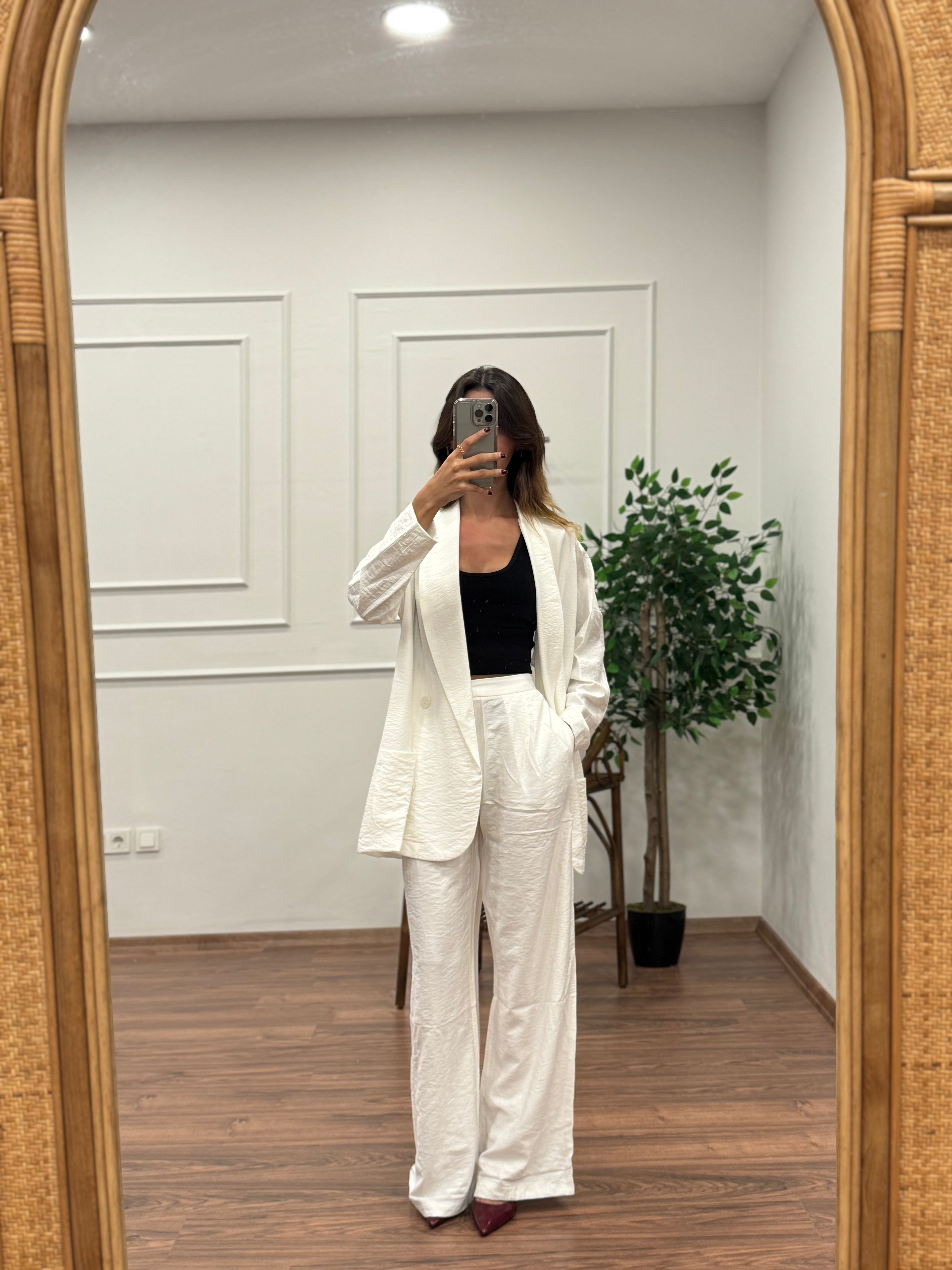 Müslin Blazer Ceket Pantolon Beyaz Takım