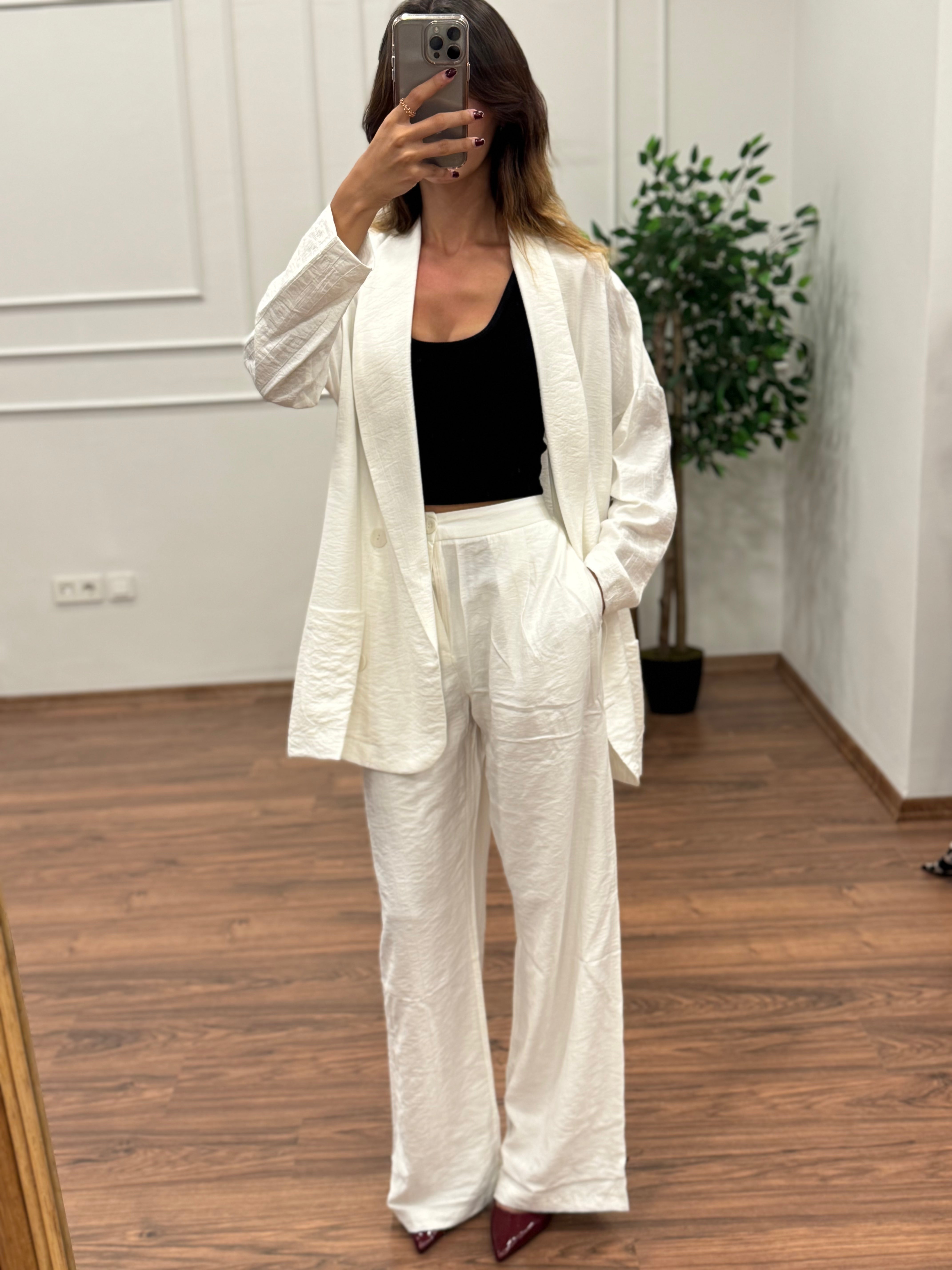 Müslin Blazer Ceket Pantolon Beyaz Takım