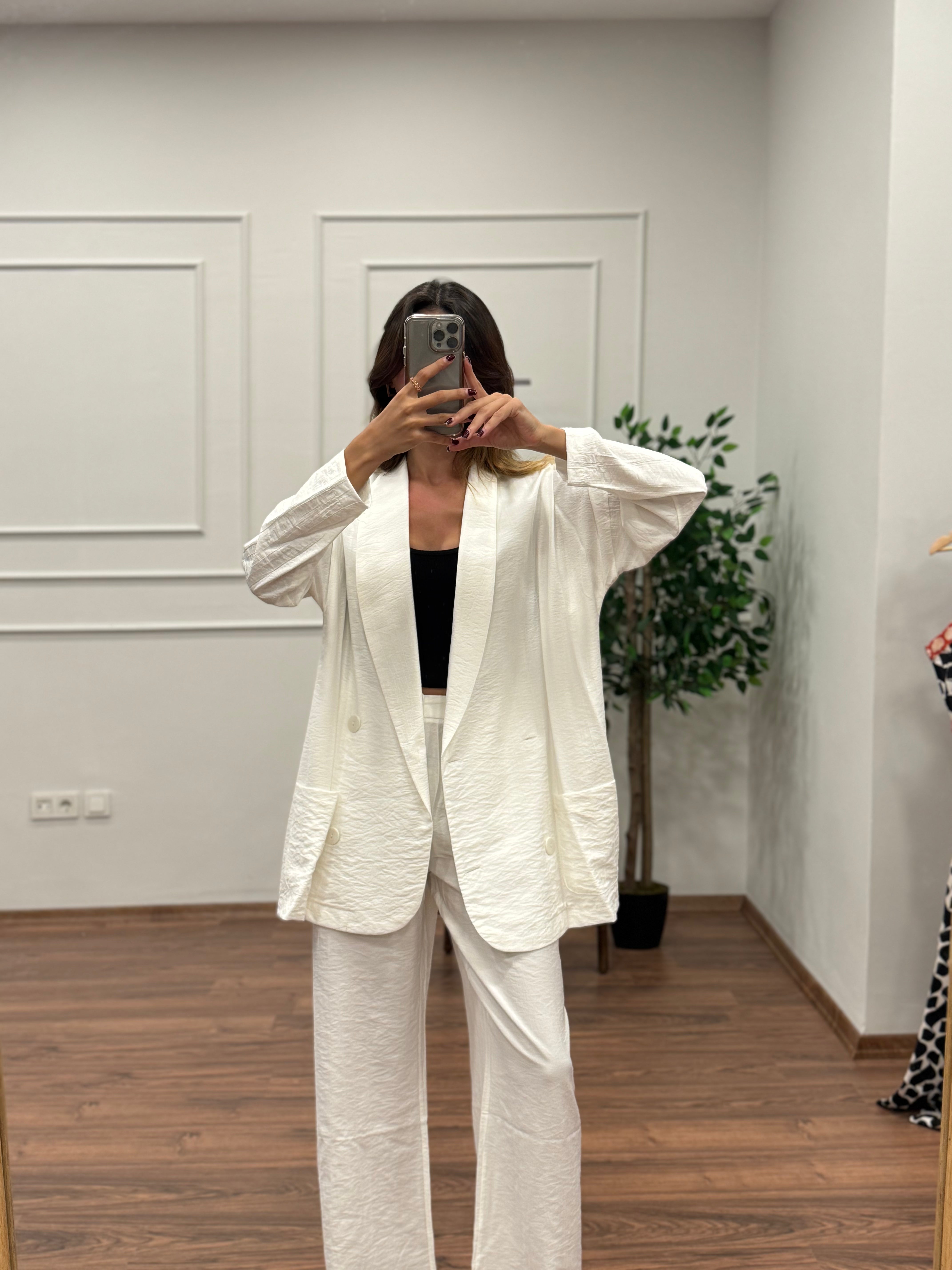 Müslin Blazer Ceket Pantolon Beyaz Takım