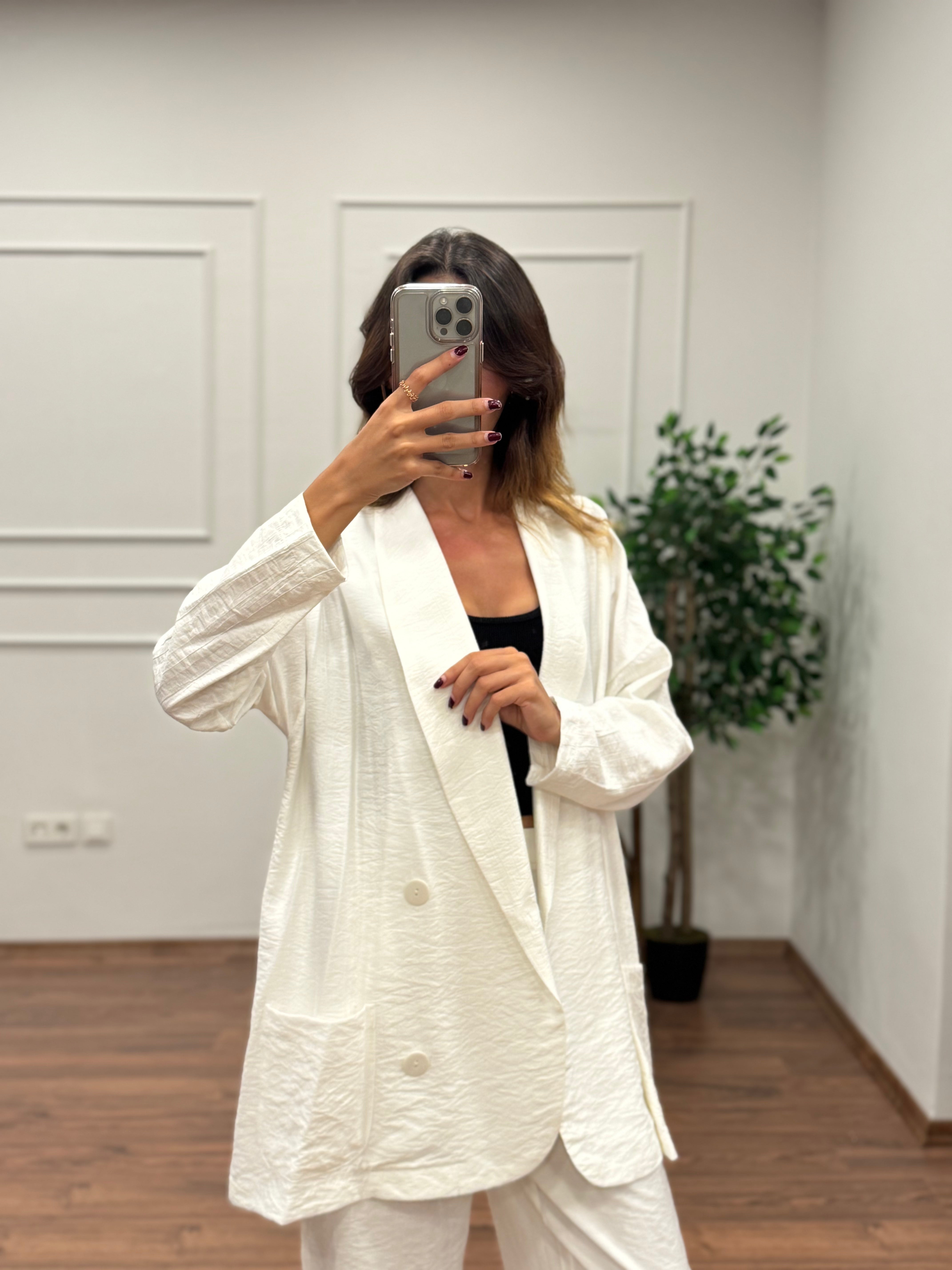 Müslin Blazer Ceket Pantolon Beyaz Takım