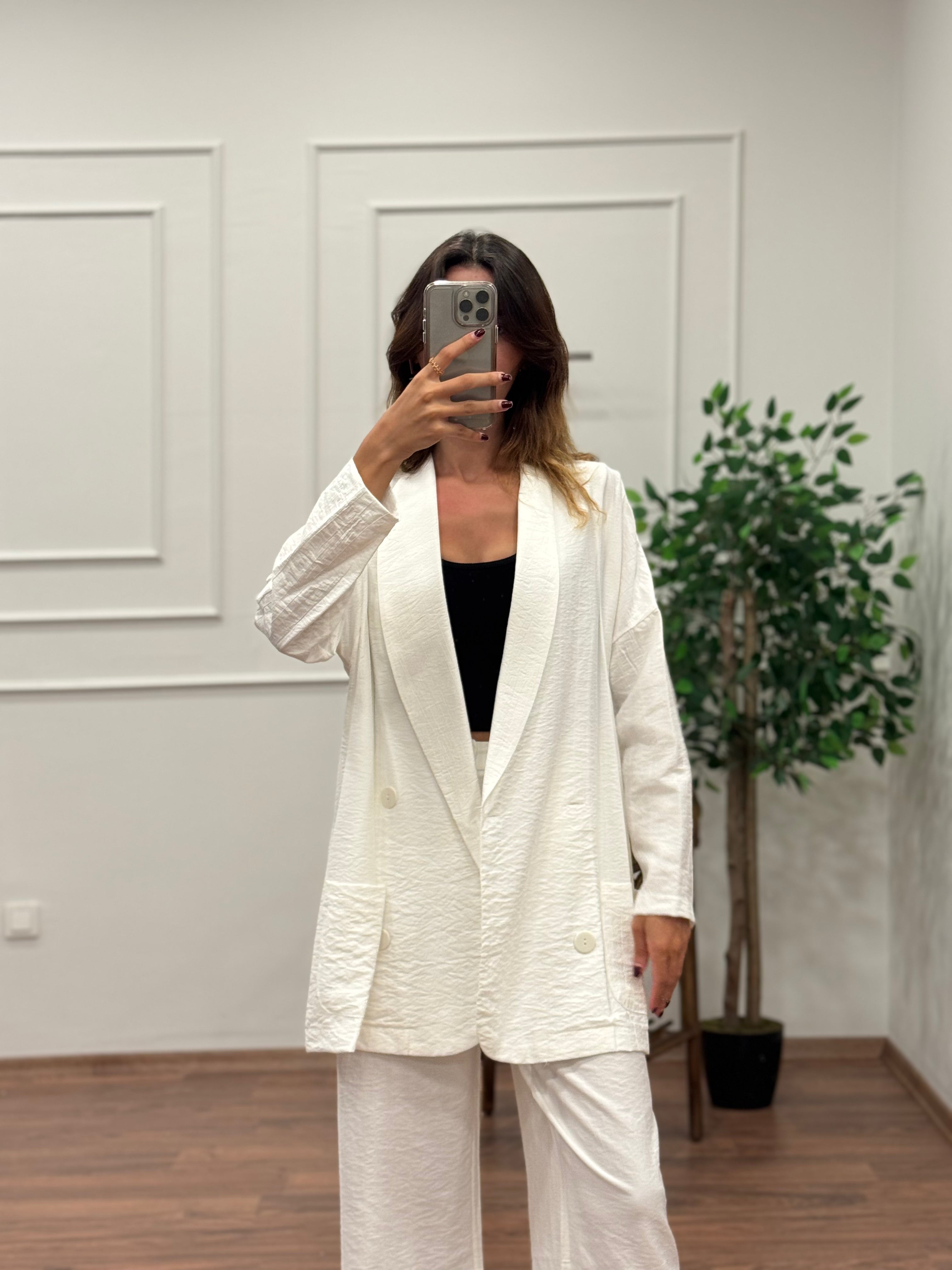 Müslin Blazer Ceket Pantolon Beyaz Takım