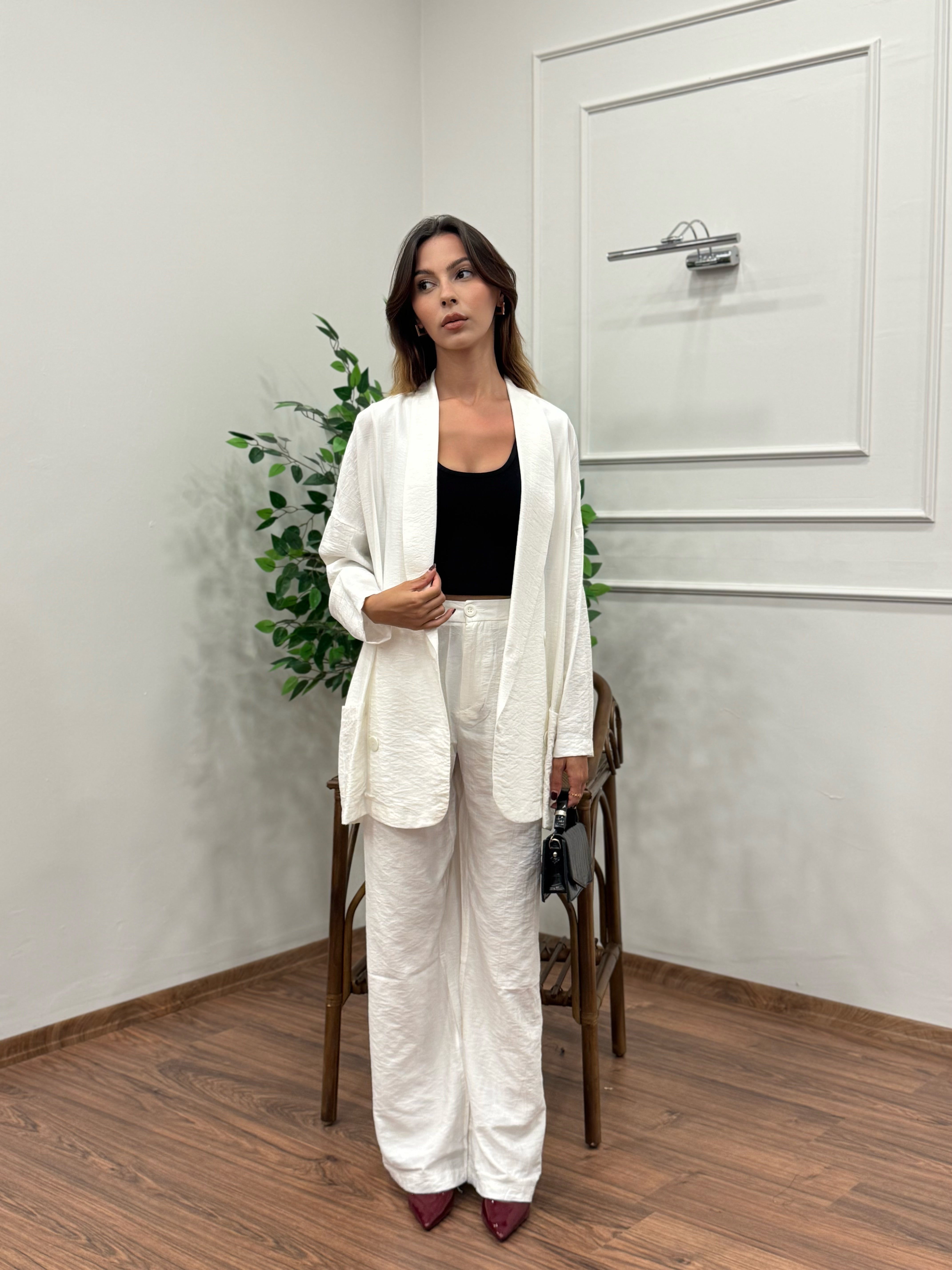 Müslin Blazer Ceket Pantolon Beyaz Takım