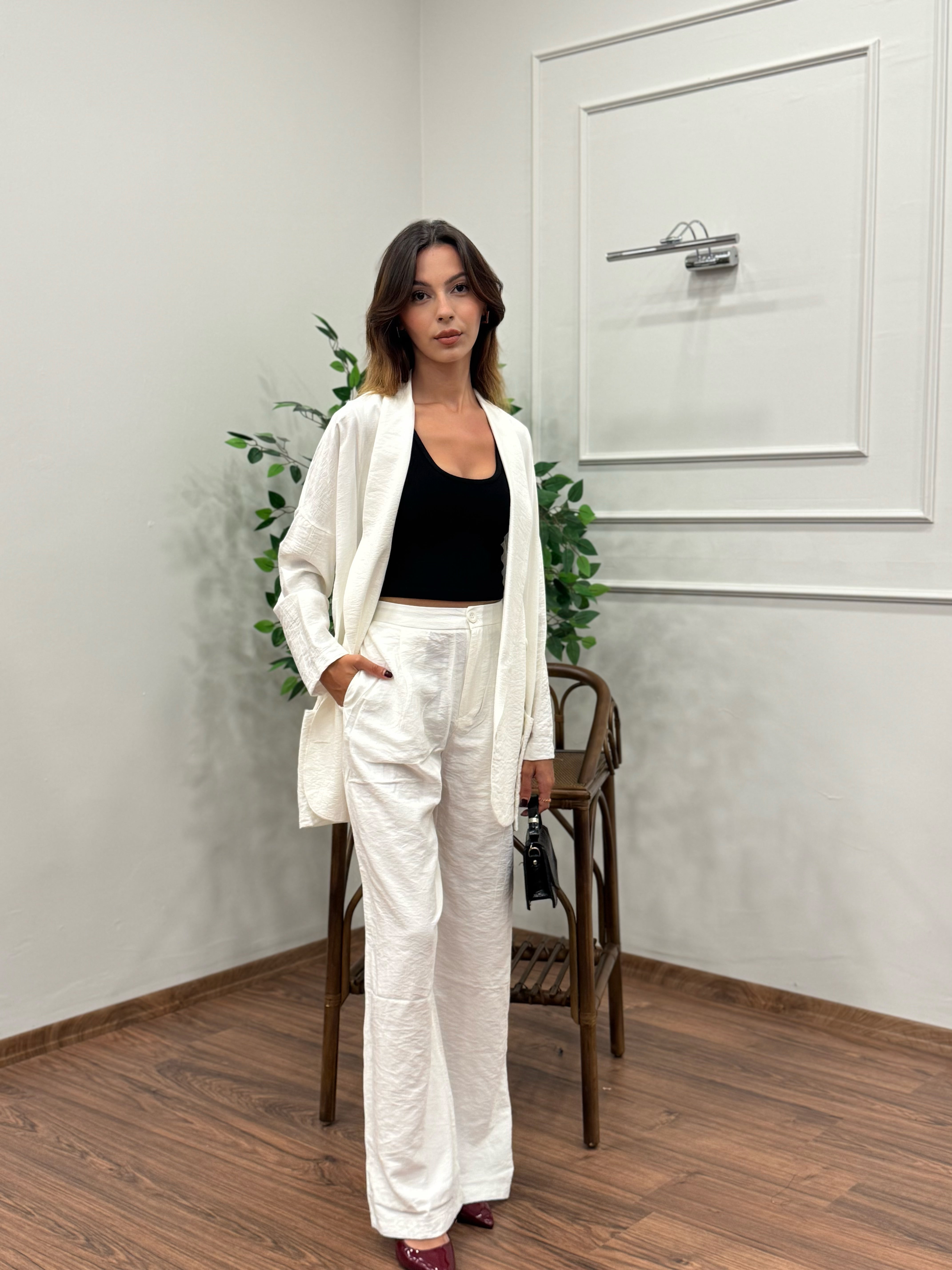 Müslin Blazer Ceket Pantolon Beyaz Takım