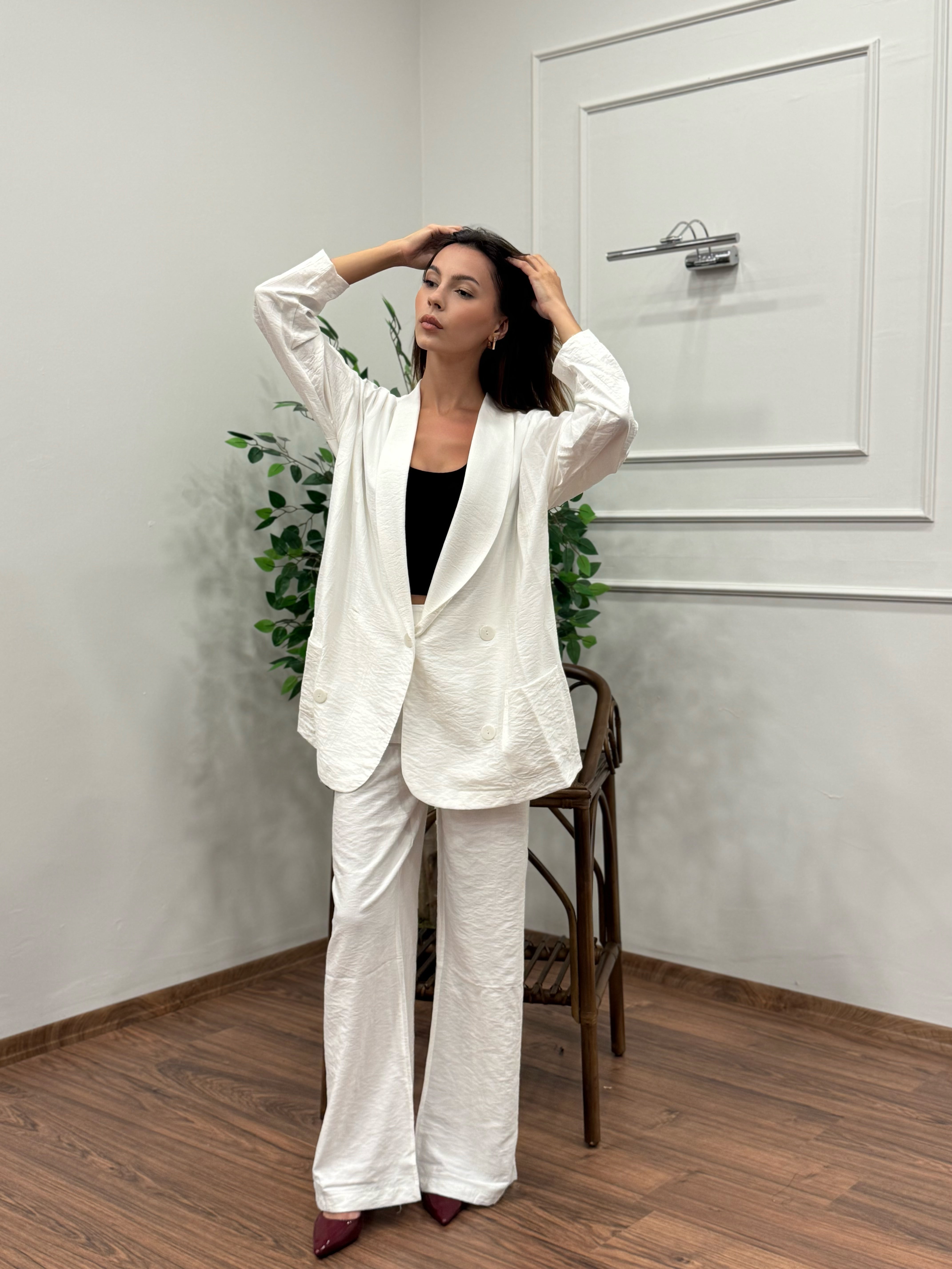 Müslin Blazer Ceket Pantolon Beyaz Takım